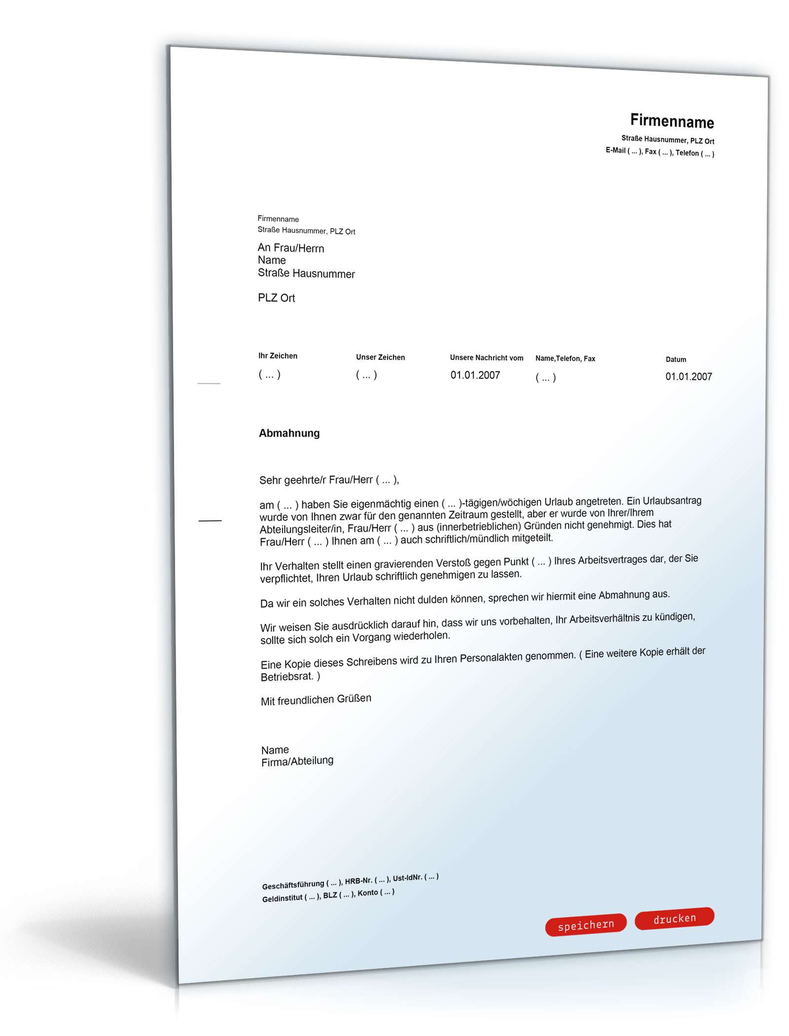 Abmahnung wegen eigenmächtigen Urlaubsantritts PDF