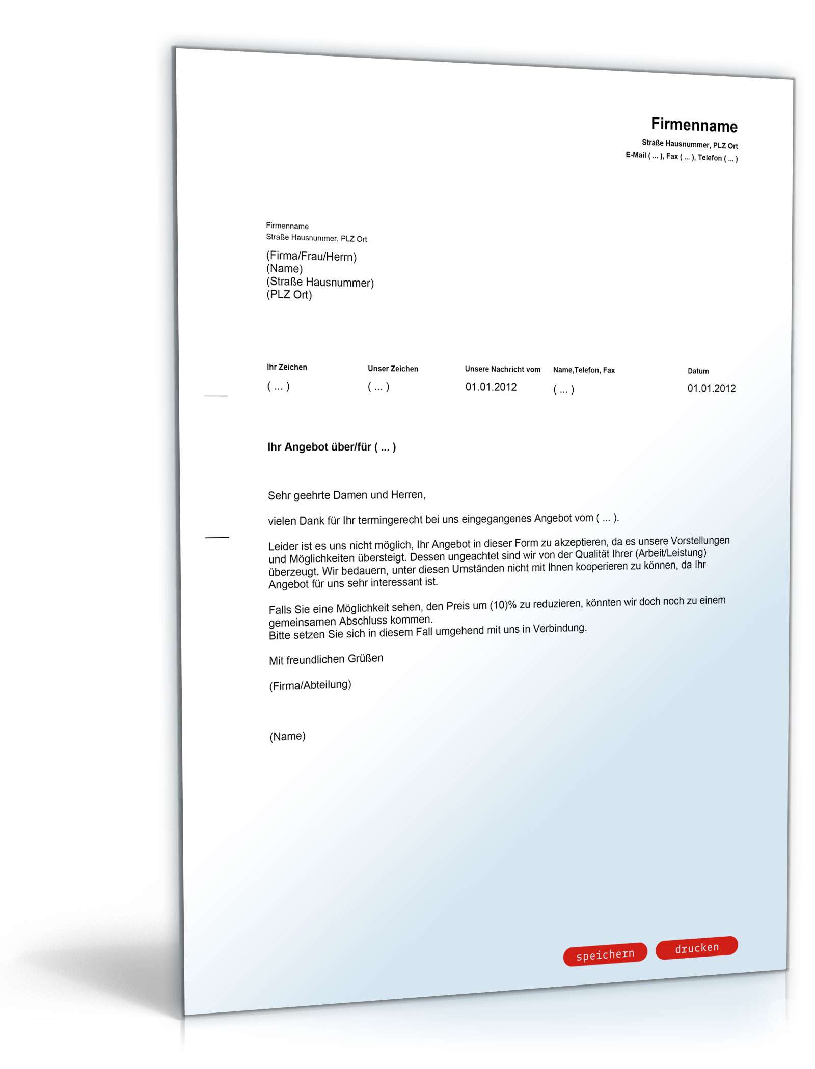 Absage eines Angebots (wegen zu hohem Preis) PDF