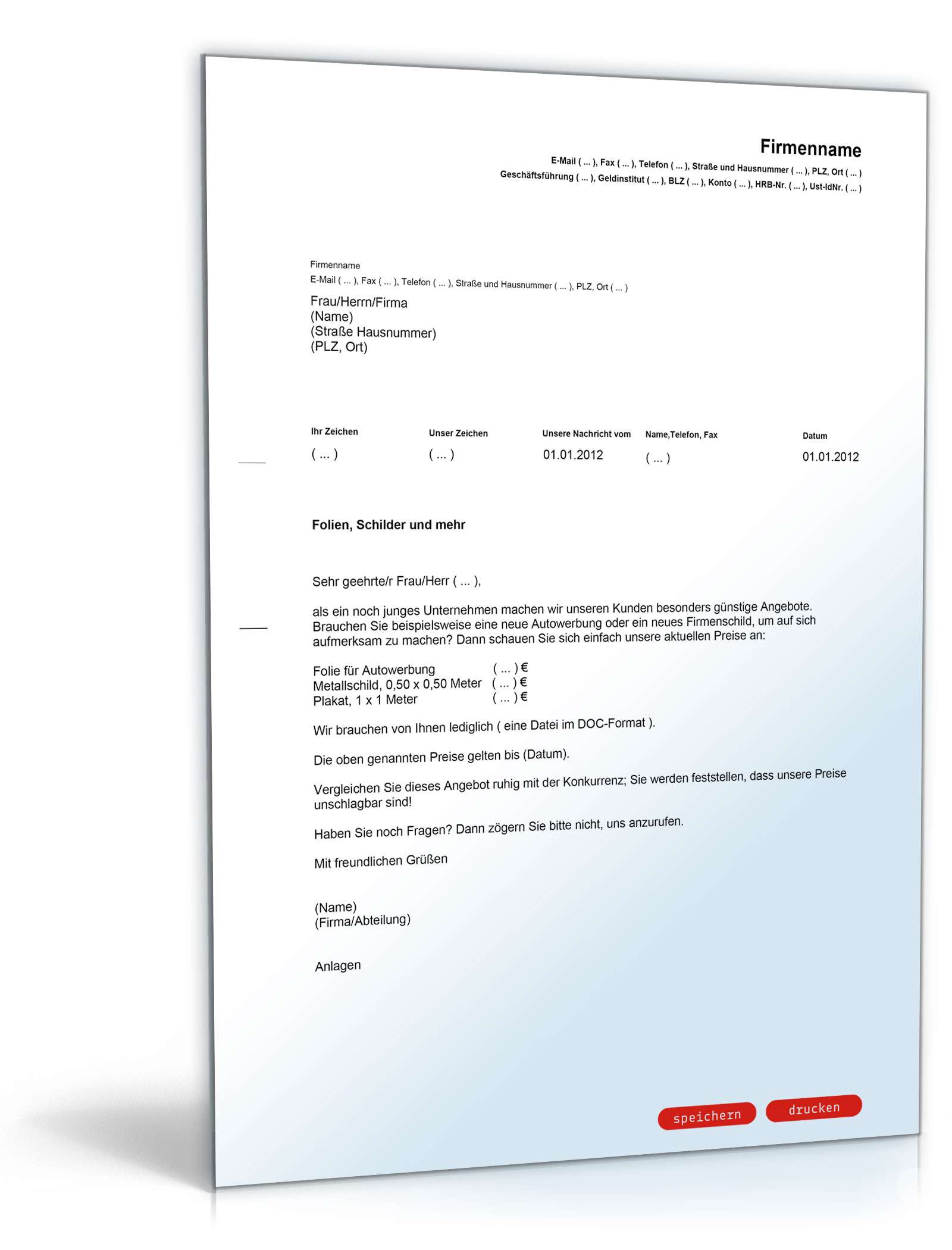 Werbebrief für ein Reklame-Unternehmen PDF