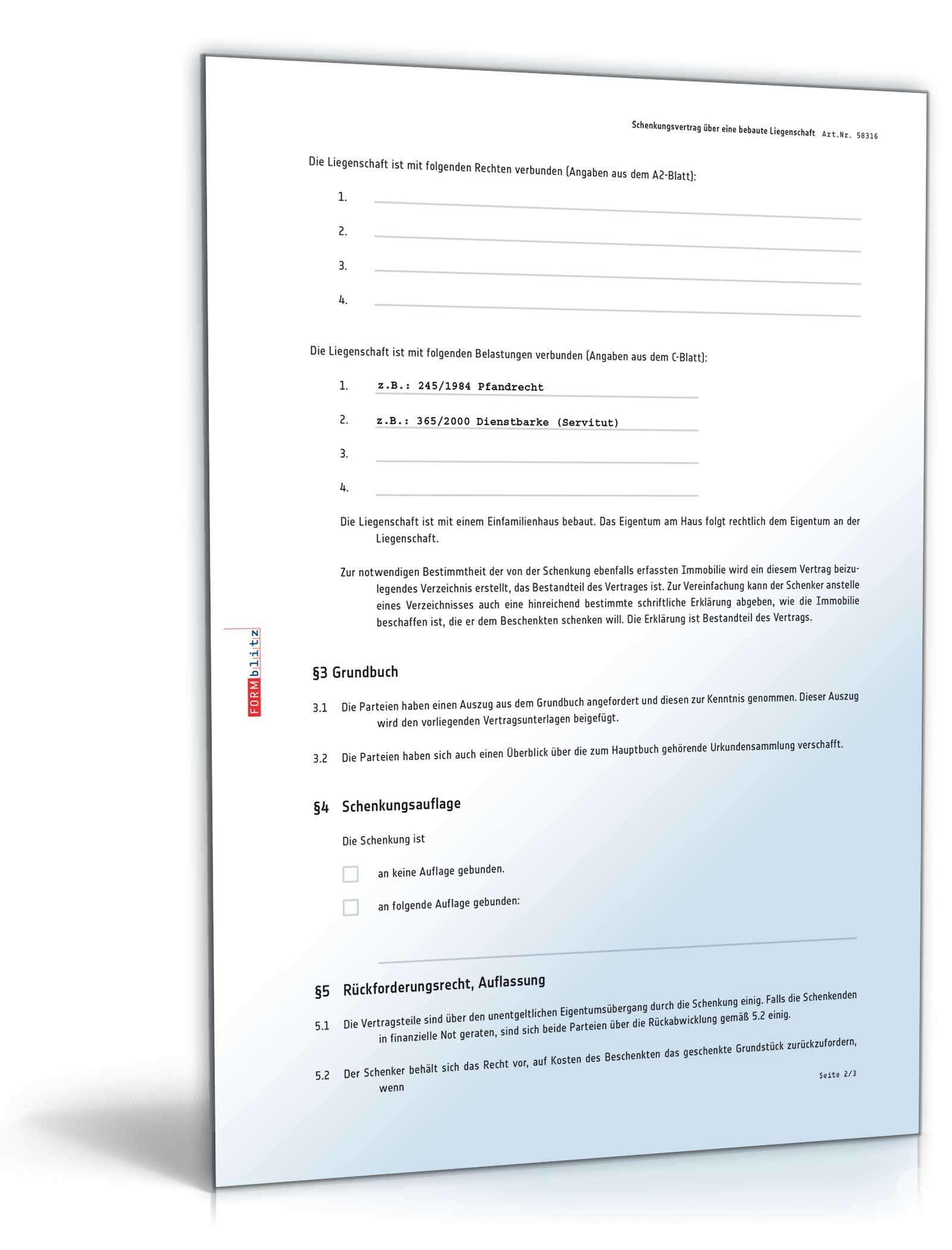 Schenkungsvertrag über eine bebaute Liegenschaft mit Rückforderungsrecht PDF. Seite: 2