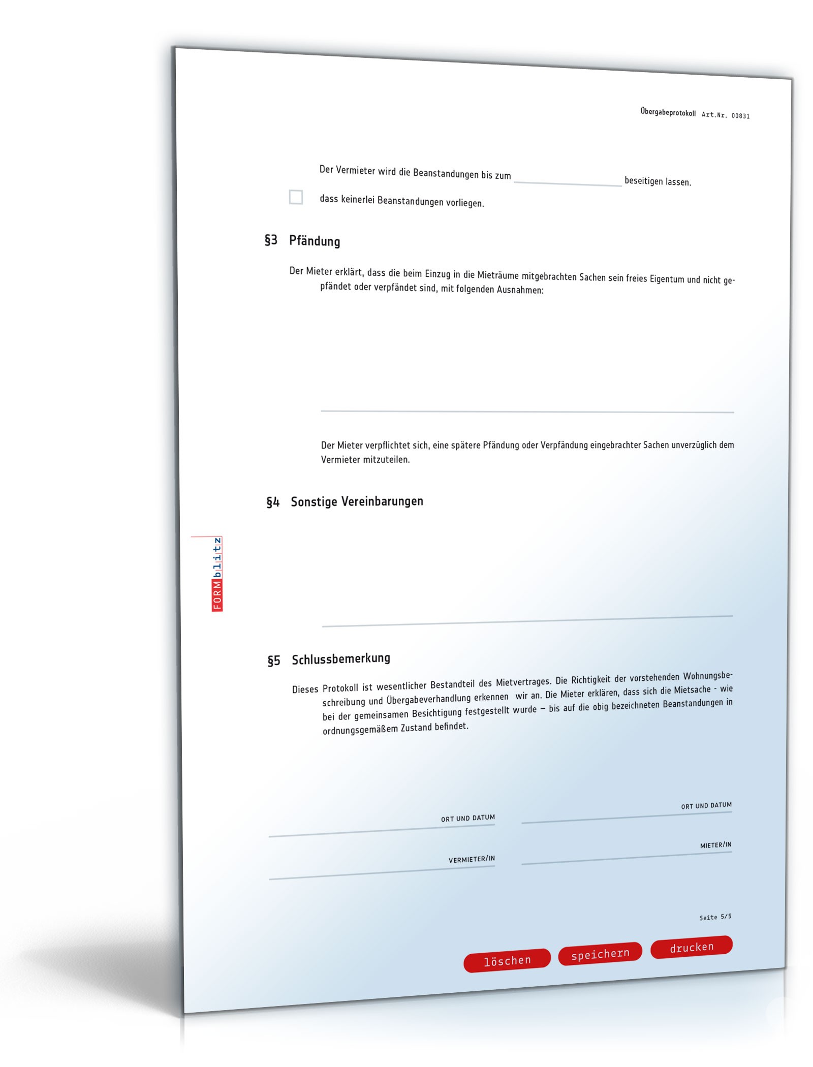 Übergabeprotokoll einer Mietsache mit Zusatzvereinbarung PDF. Seite: 5