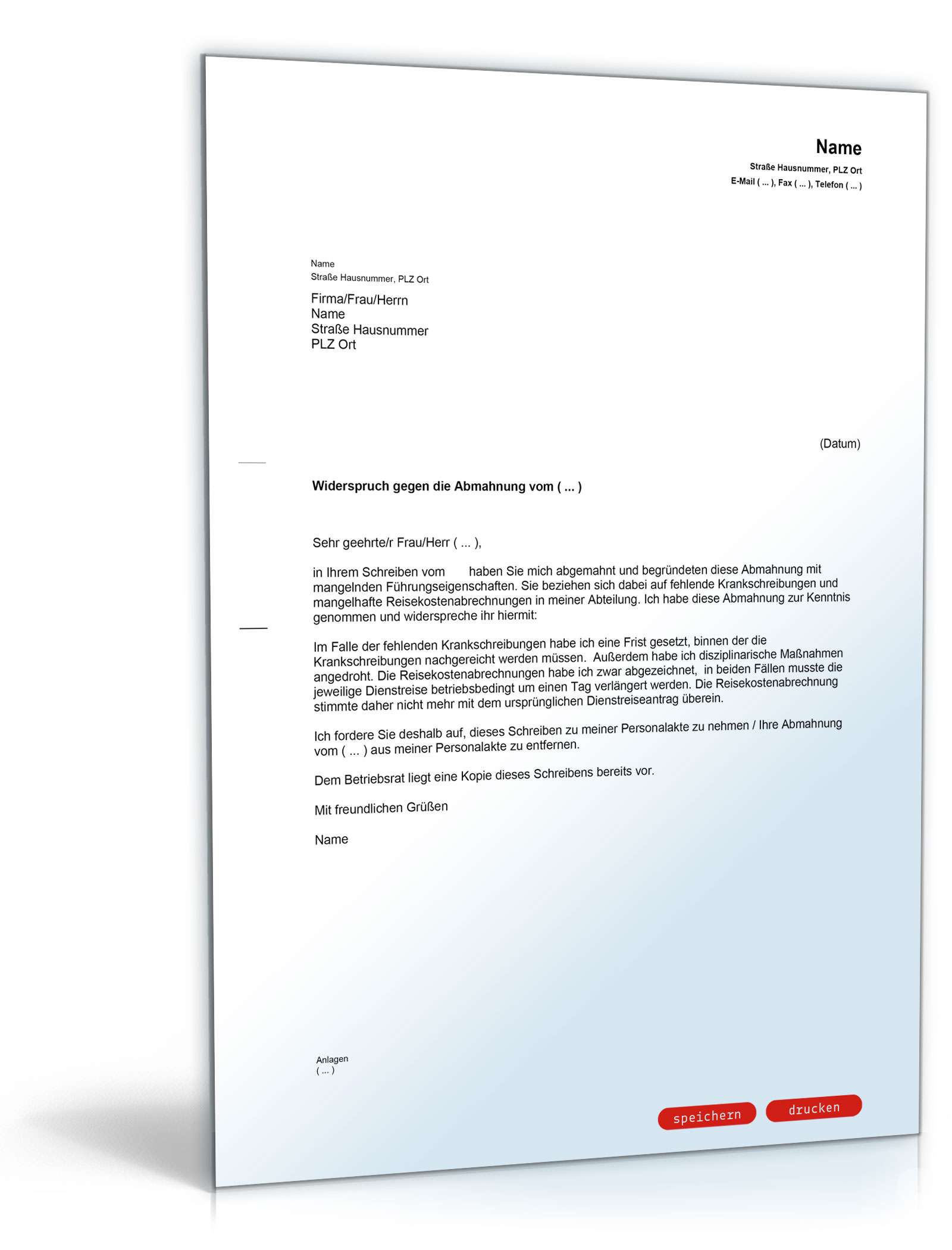 Gegendarstellung zur Abmahnung wegen fehlender Führungseigenschaften PDF