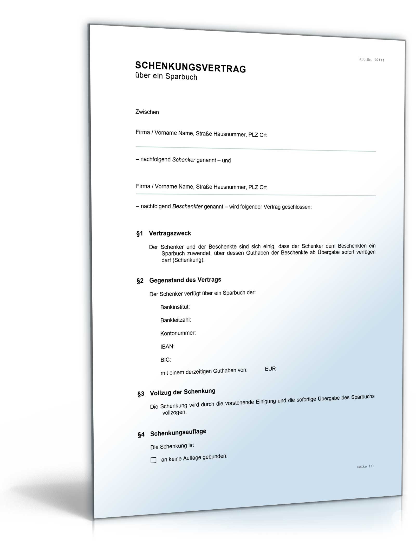 Schenkungsvertrag über ein Sparbuch Word. Seite: 2
