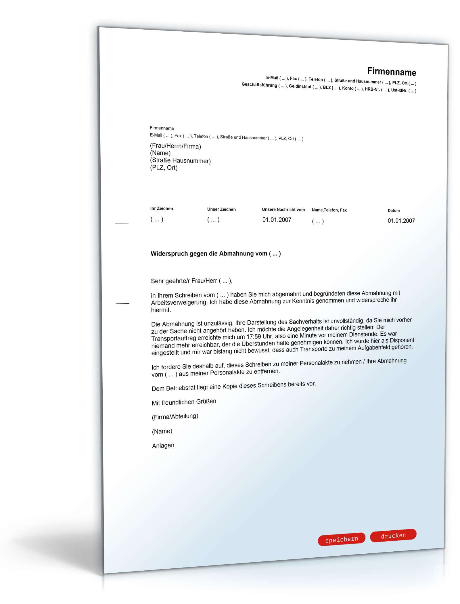 Gegendarstellung zur Abmahnung wegen Arbeitsverweigerung PDF