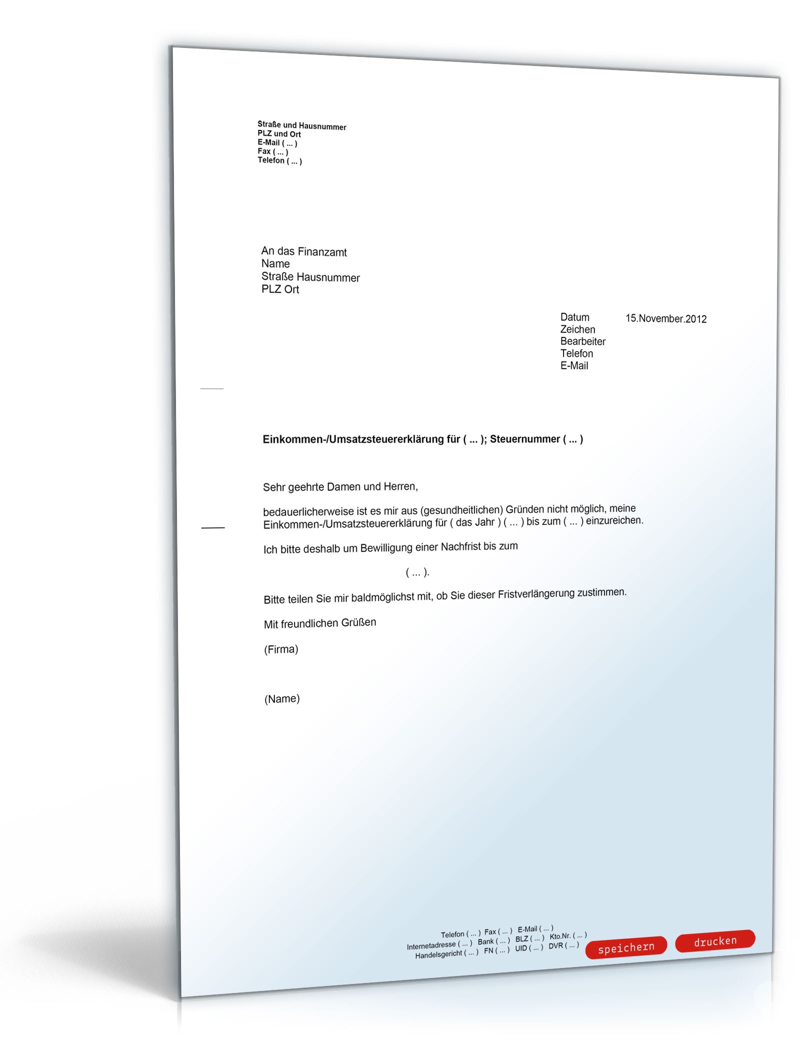 Antrag an das Finanzamt auf eine Nachfrist für die Steuererklärung PDF
