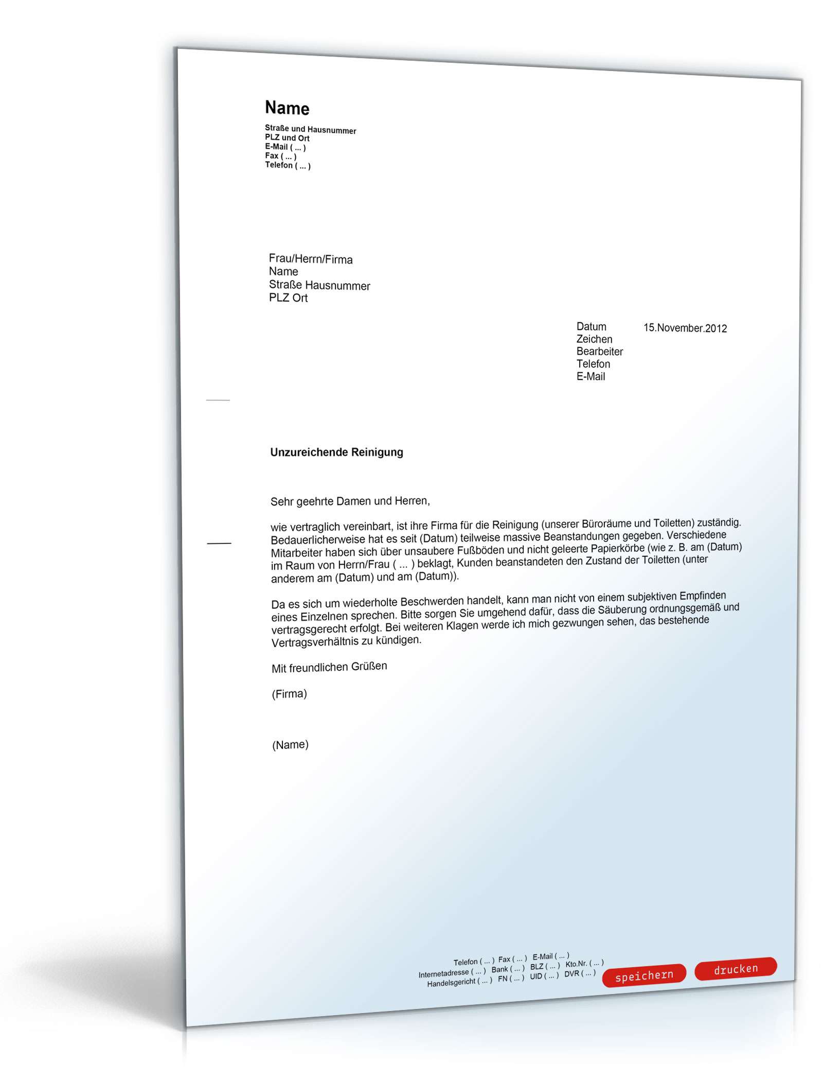 Beanstandung an eine Reinigungsfirma PDF