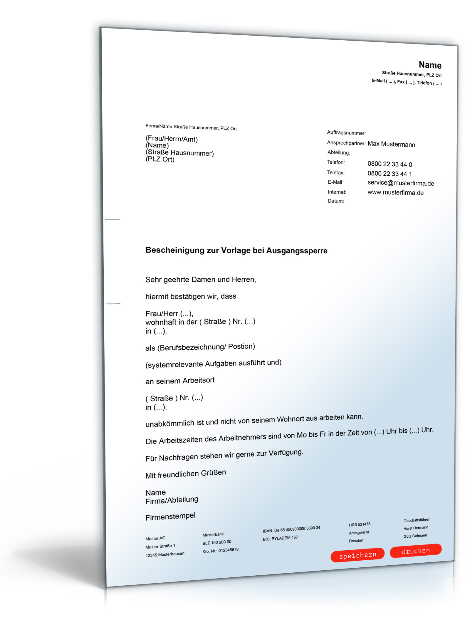 Arbeitgeberbescheinigung bei Ausgangssperre PDF