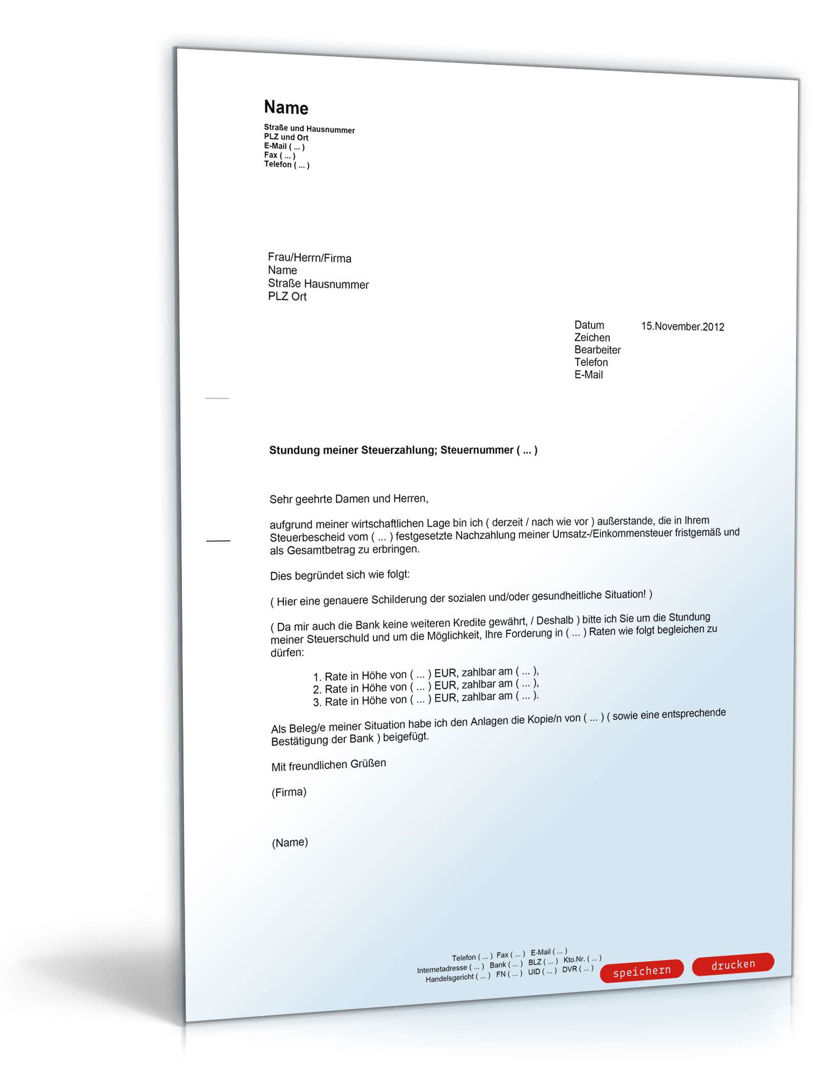 Antrag an das Finanzamt auf Stundung und Ratenzahlung der Steuerschuld PDF