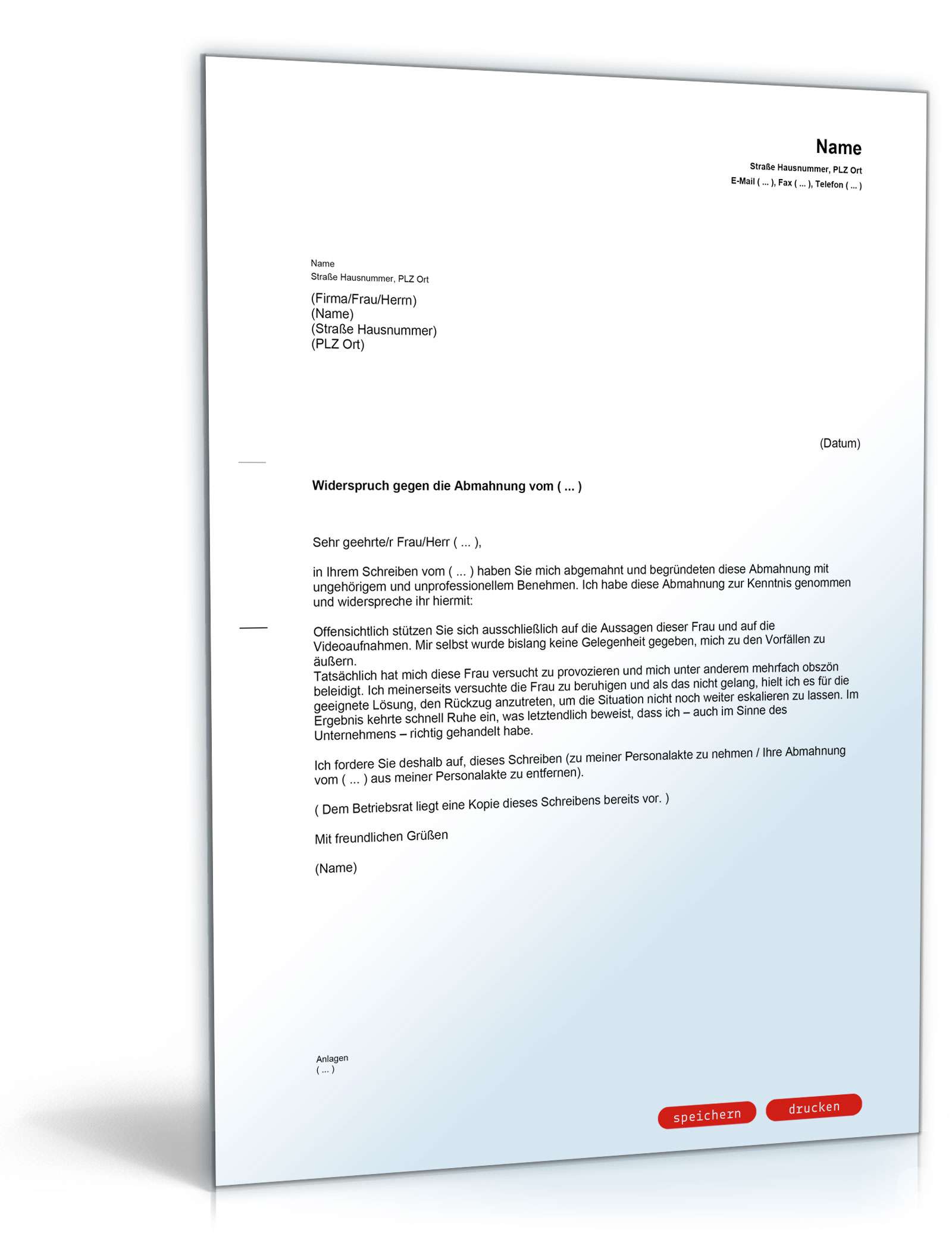 Gegendarstellung zur Abmahnung wegen ungehörigen Benehmens PDF