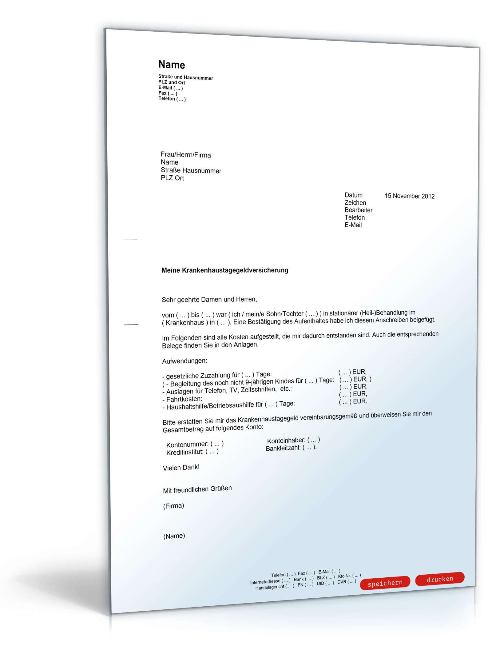 Antrag auf Erstattung von Krankenhaustagegeld PDF