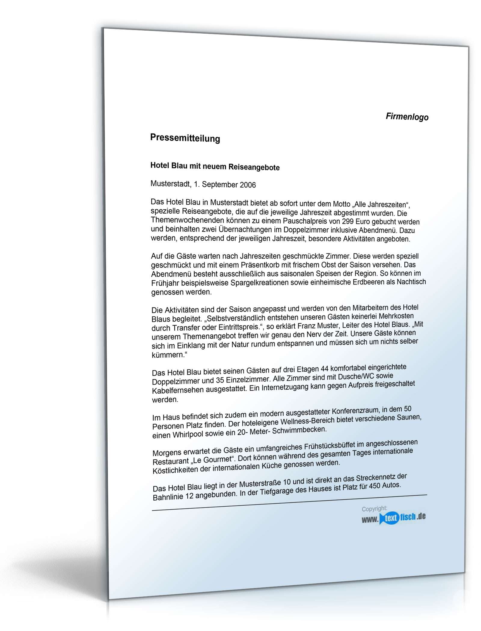 Pressemitteilung über neues Reiseangebot (Hotel)