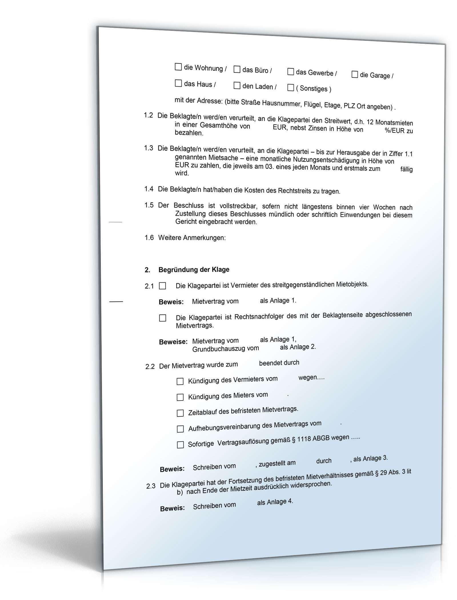 Räumungsklage gegen einen Mieter Word. Seite: 2