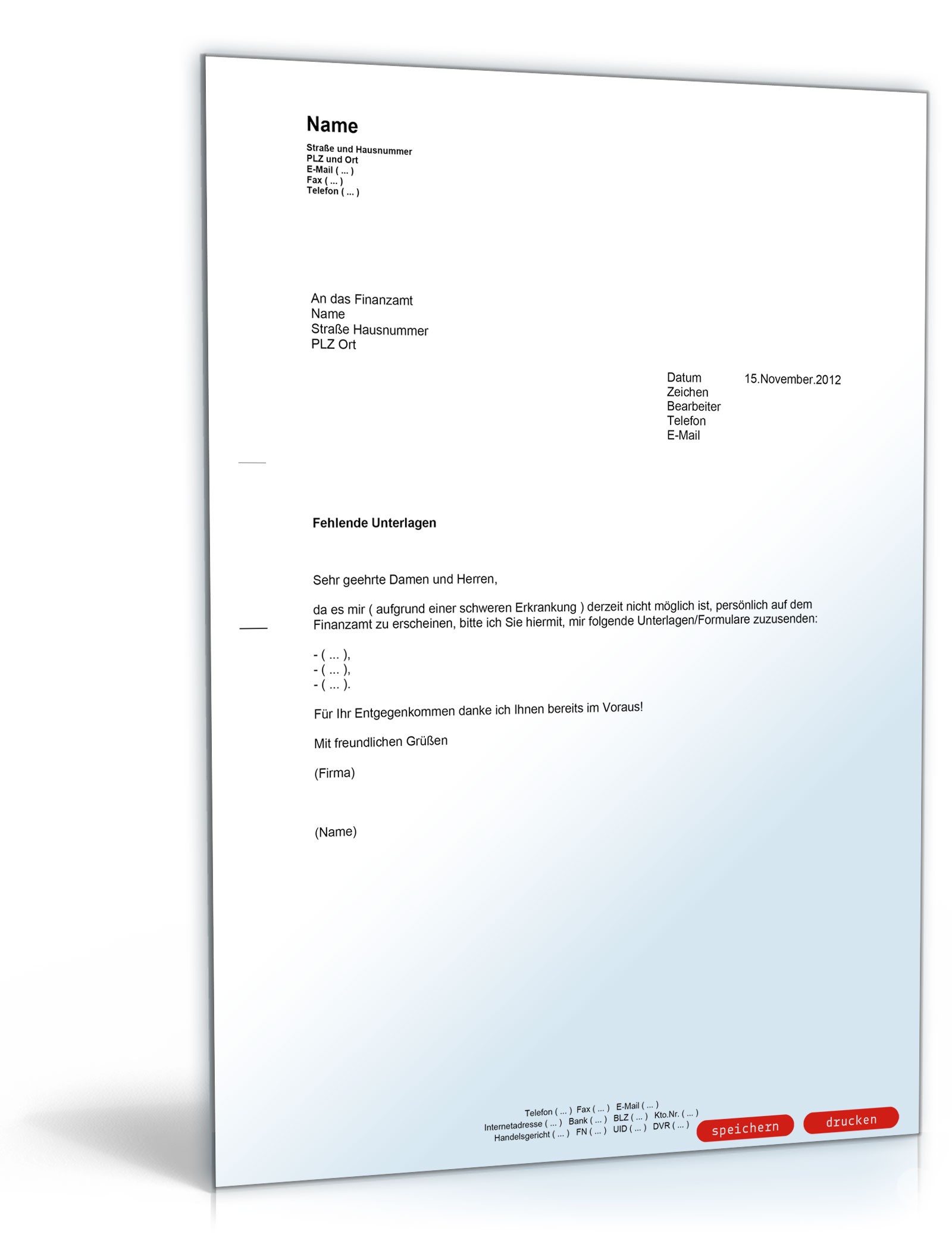 Bitte an das Finanzamt um Zusendung von Unterlagen / Formularen PDF