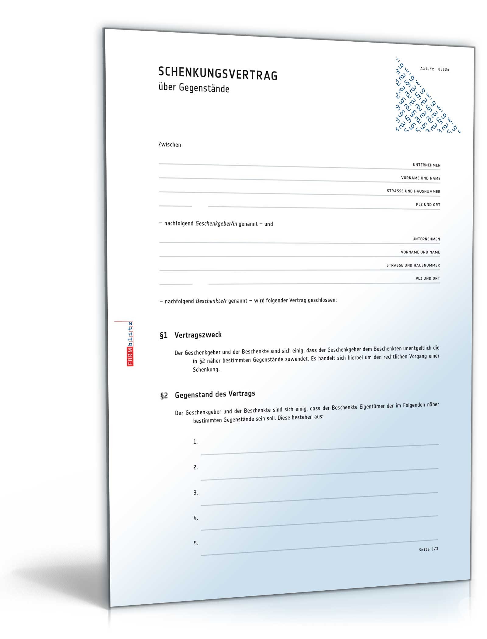 Schenkungsvertrag über Gegenstände PDF