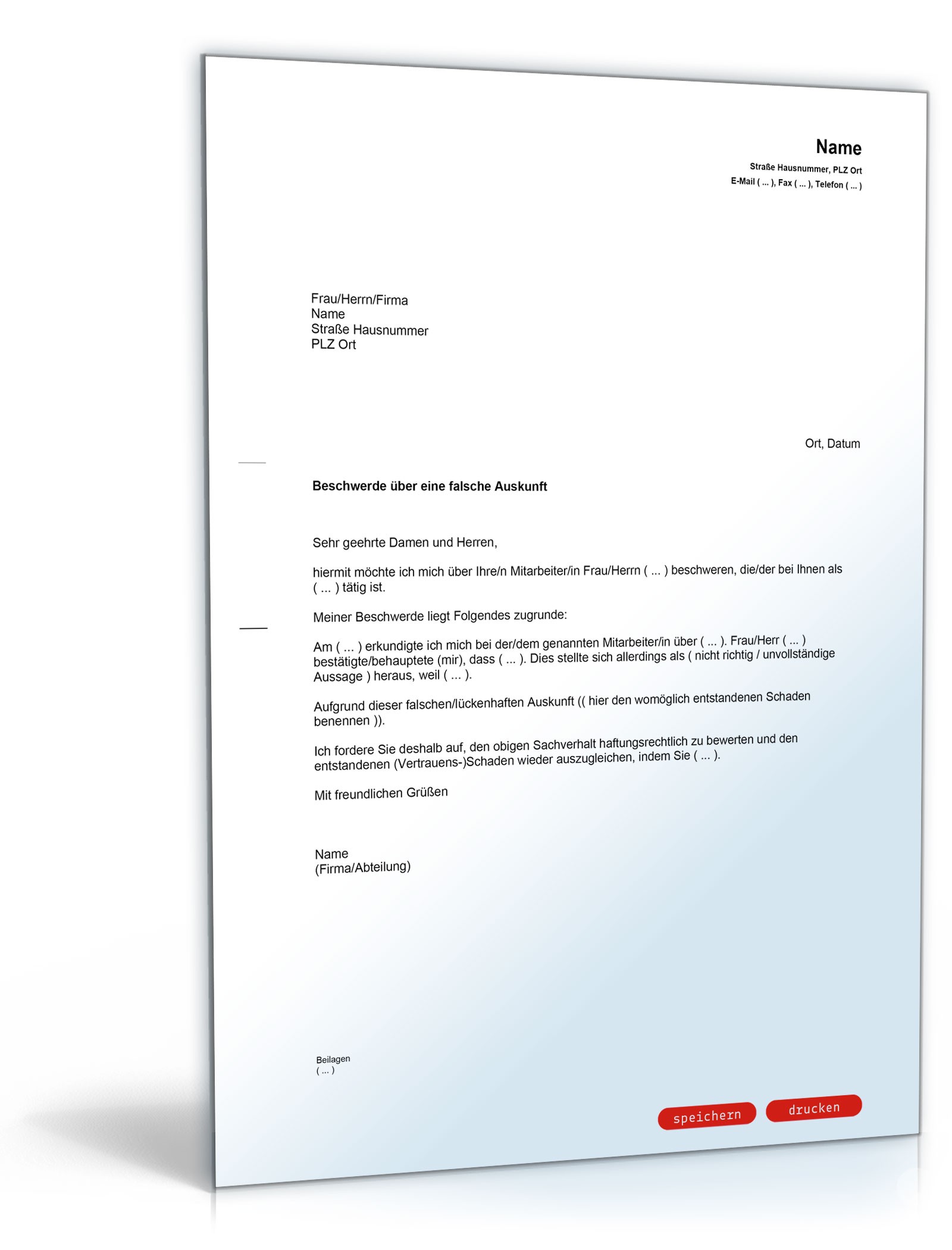 Beschwerde über einen Mitarbeiter (wegen falscher Auskunft) PDF