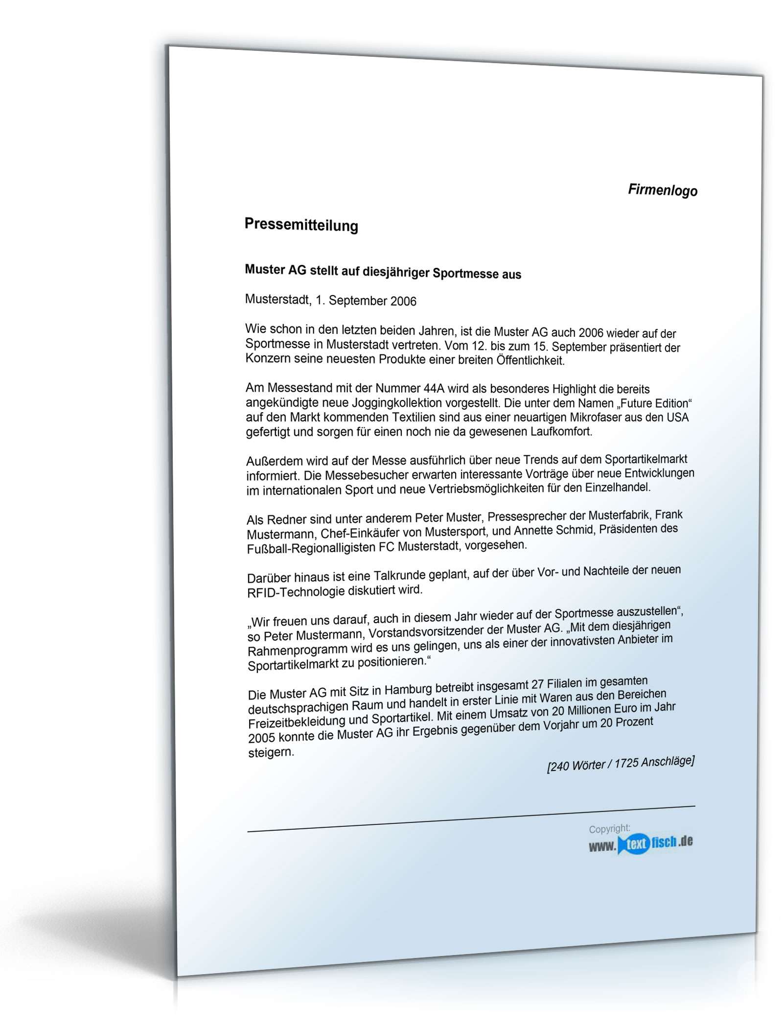 Pressemitteilung Ankündigung eines Messeauftrittes