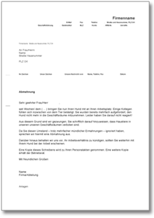 Abmahnung wegen unerlaubter Tierhaltung am Arbeitsplatz Word