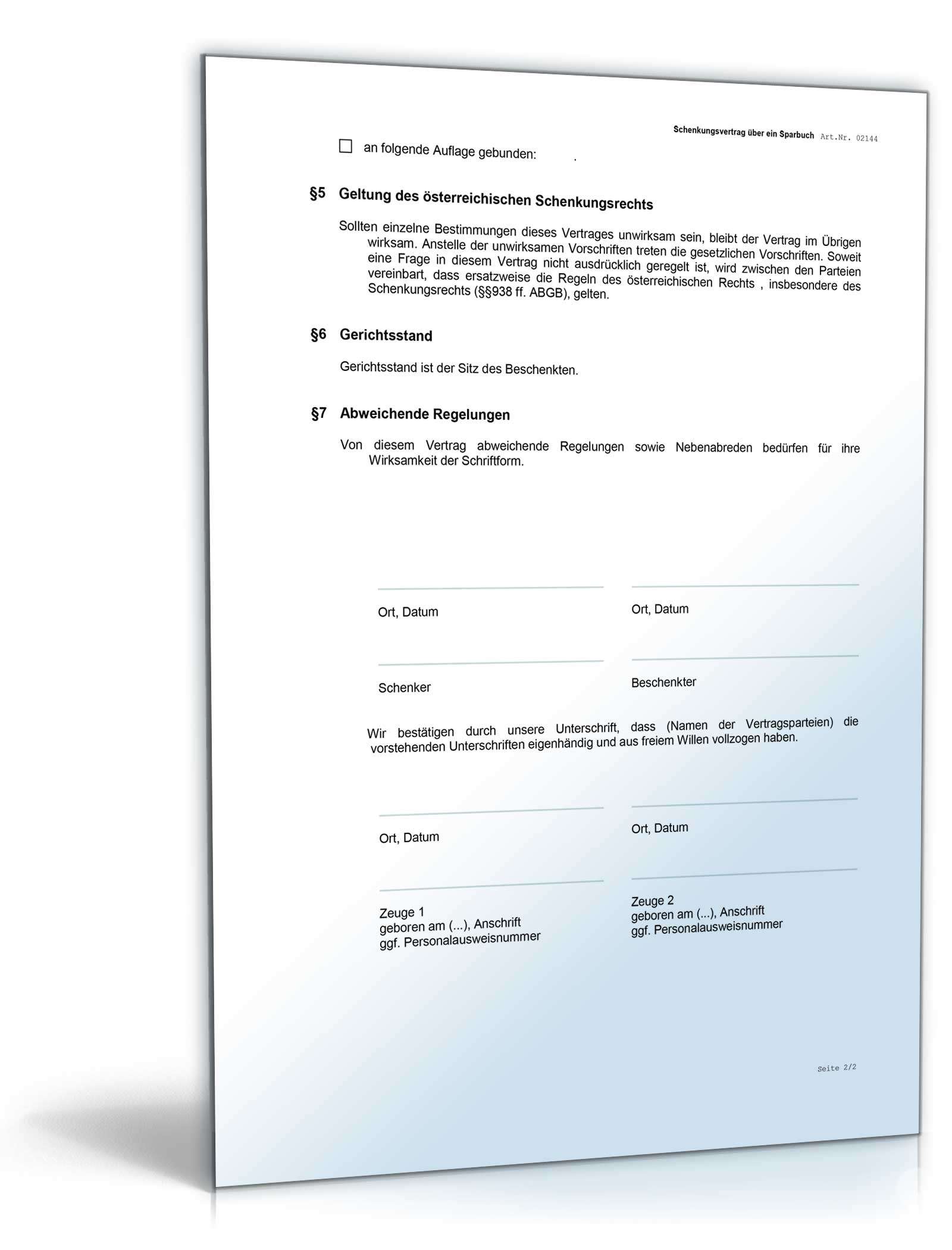 Schenkungsvertrag über ein Sparbuch Word. Seite: 3