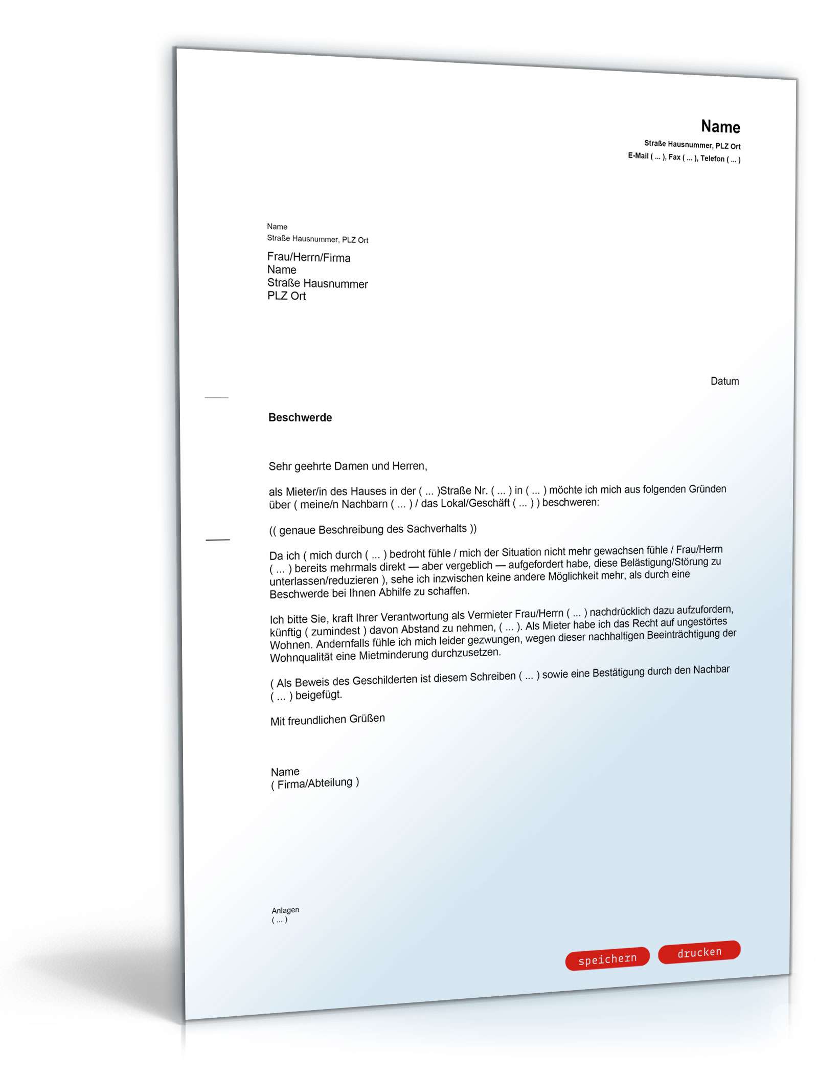 Beschwerde beim Vermieter PDF