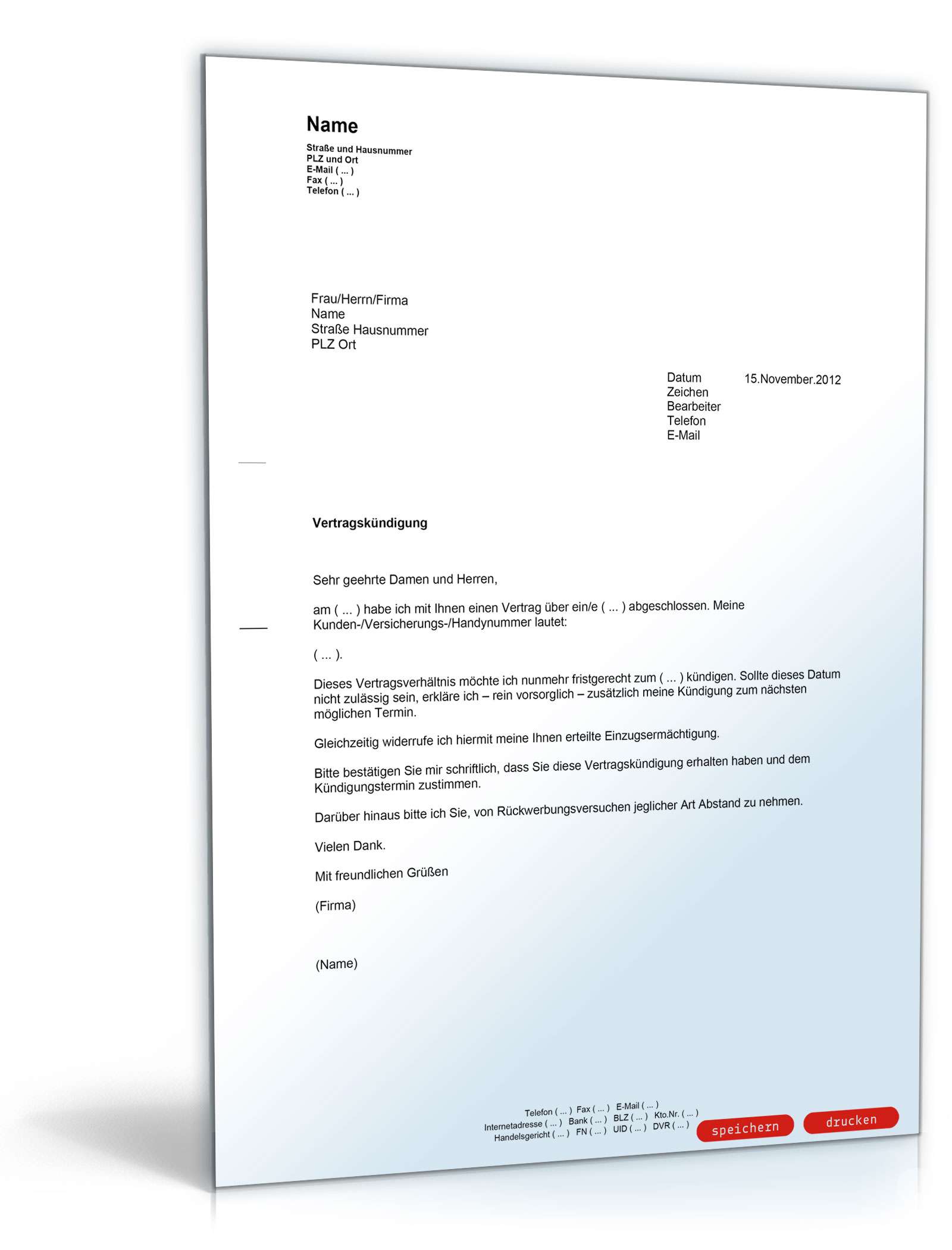 Kündigung Vertrag (fristgemäß) PDF