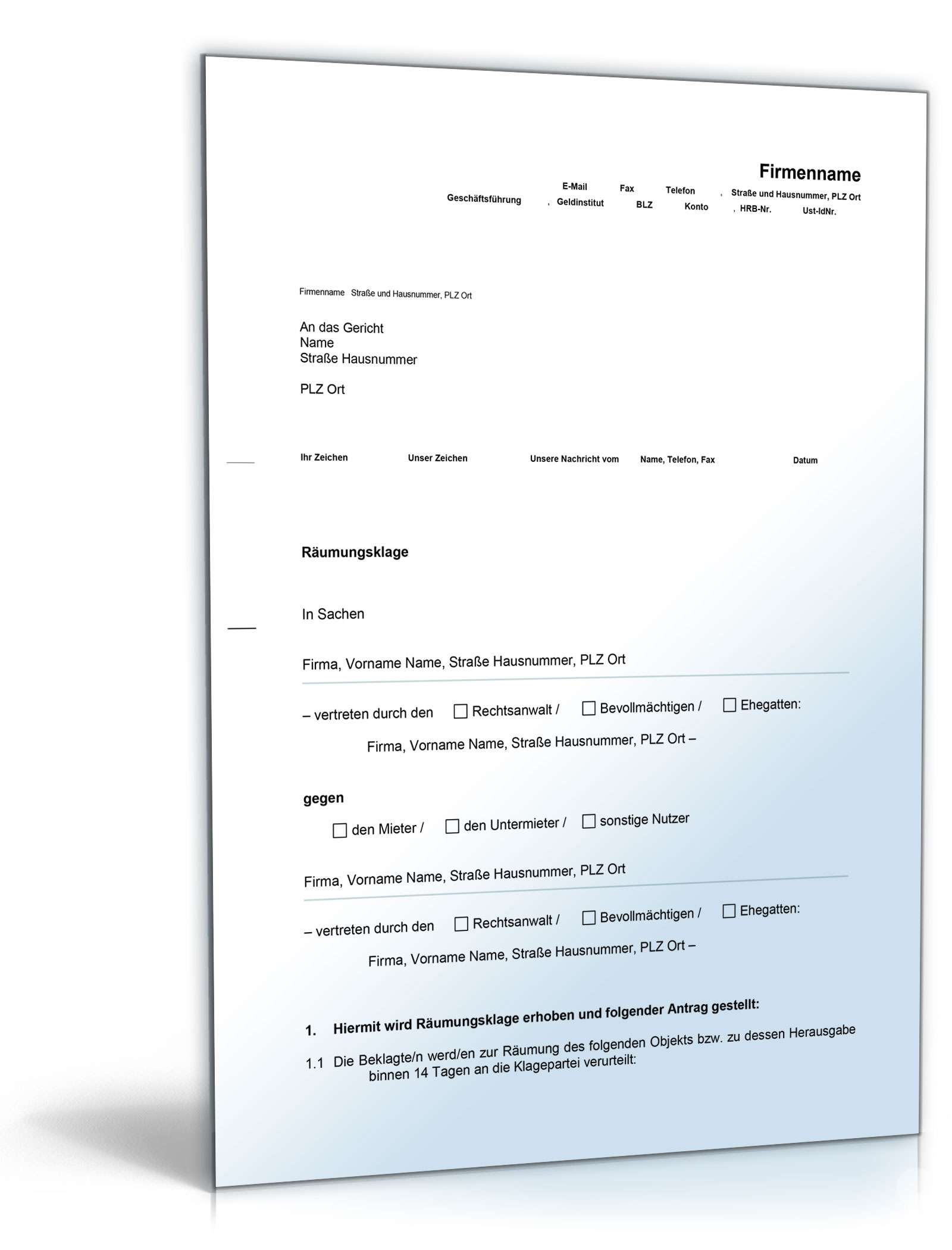 Räumungsklage gegen einen Mieter Word
