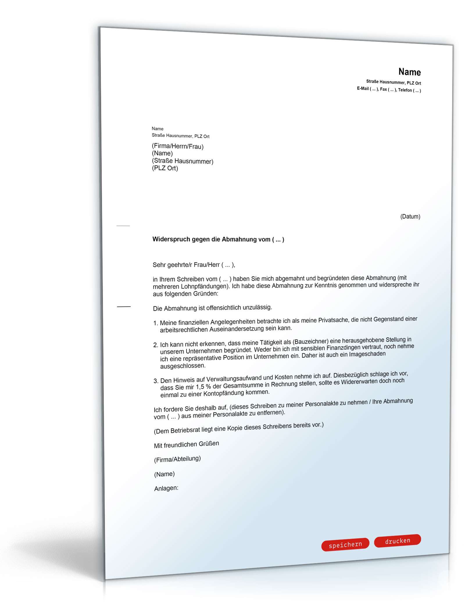 Gegendarstellung zur Abmahnung wegen wiederholter Lohnpfändungen PDF