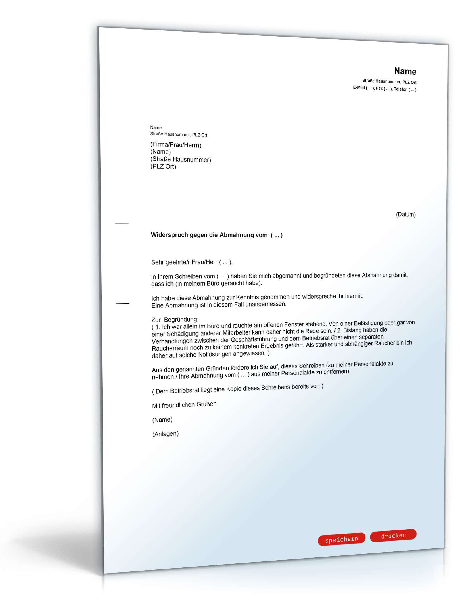 Gegendarstellung zur Abmahnung wegen Verstoßes gegen das Rauchverbot PDF