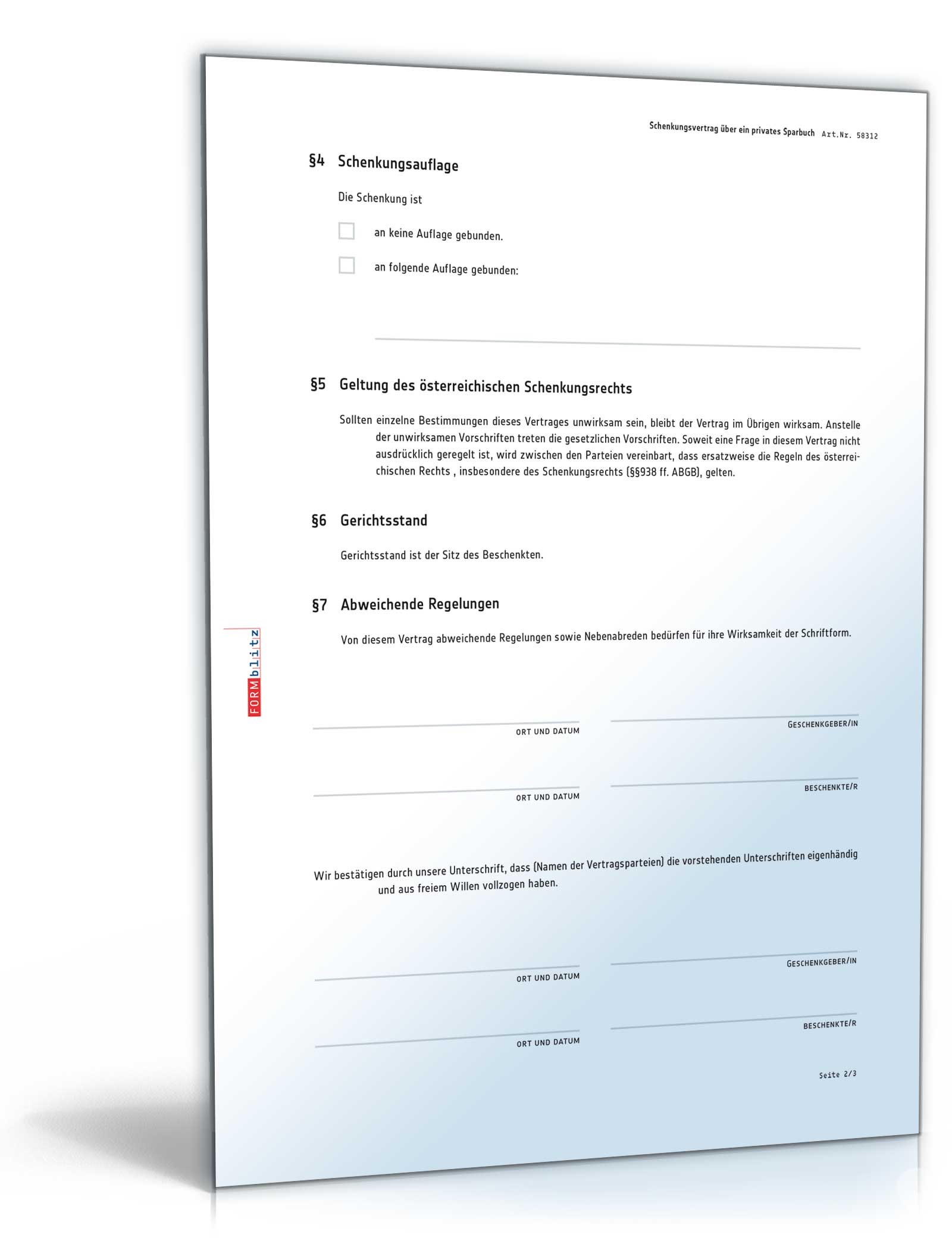 Schenkungsvertrag über ein Sparbuch PDF. Seite: 2