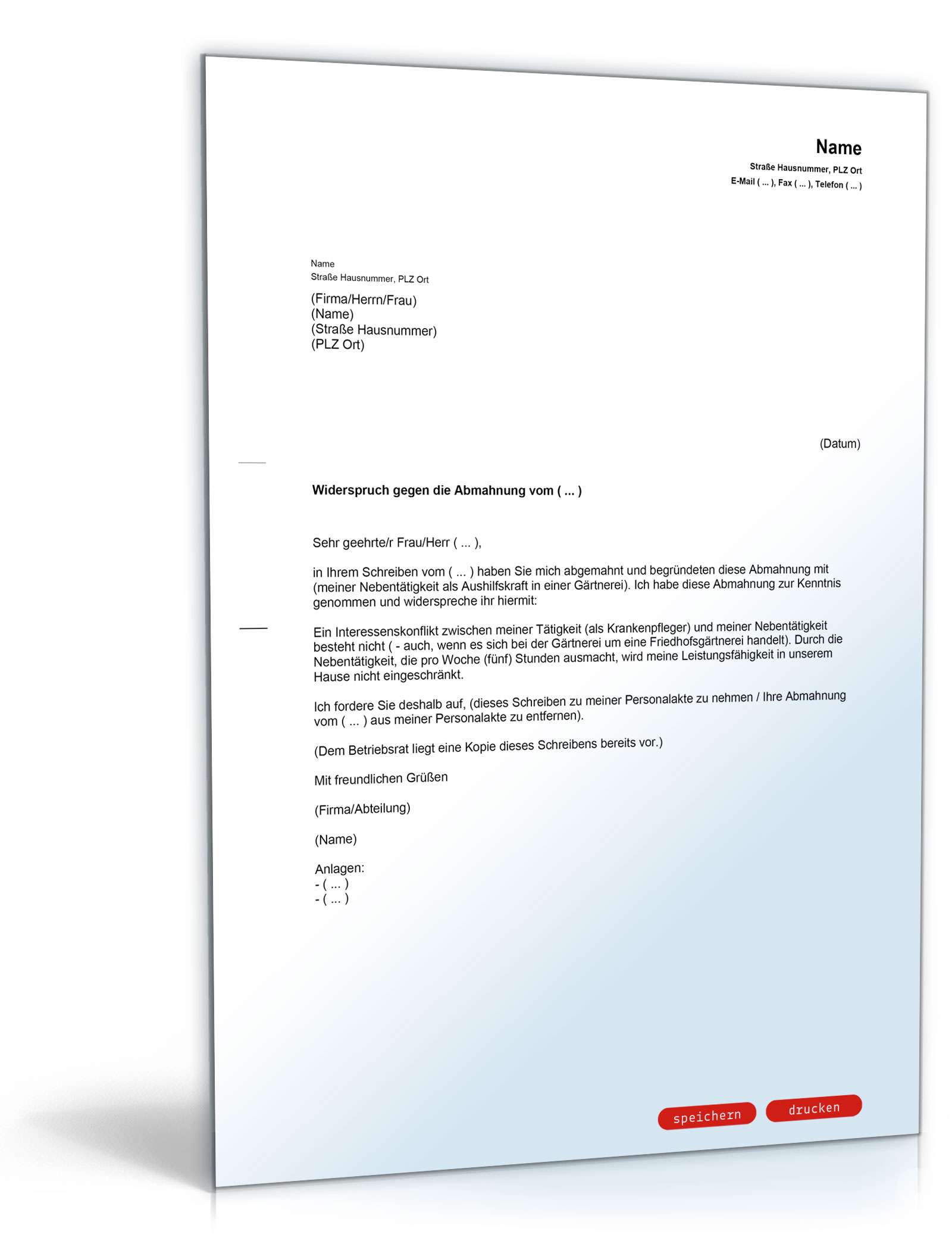 Gegendarstellung zur Abmahnung wegen nicht genehmigter Nebentätigkeit PDF
