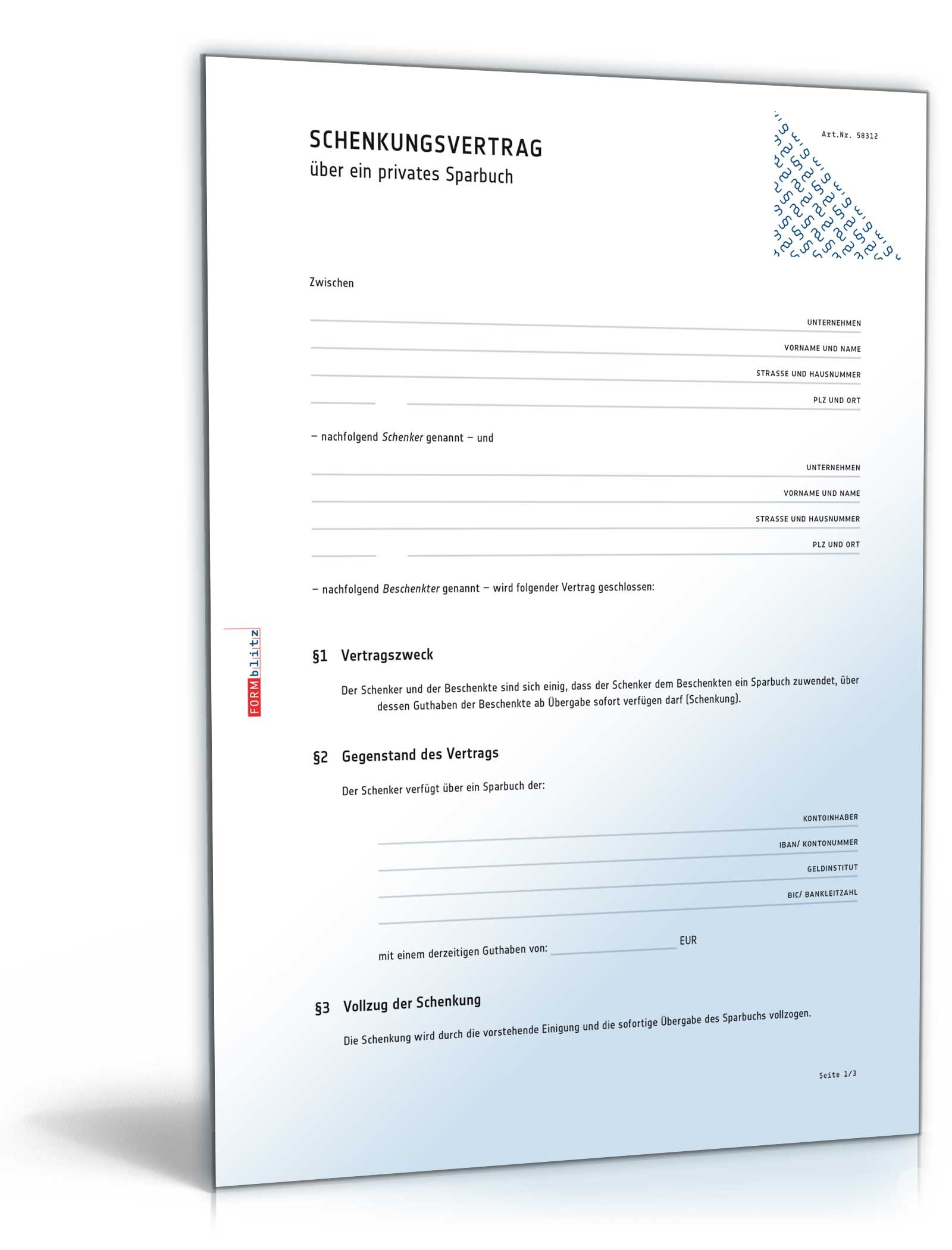 Schenkungsvertrag über ein Sparbuch PDF