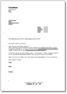 Reklamation wegen einer Falschlieferung Word