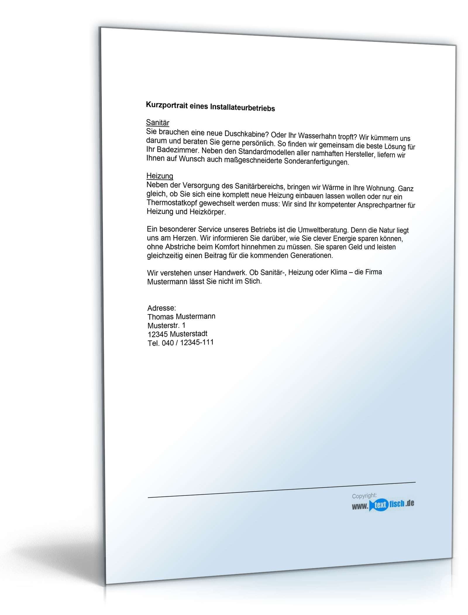 Werbetext für einen Installationsbetrieb