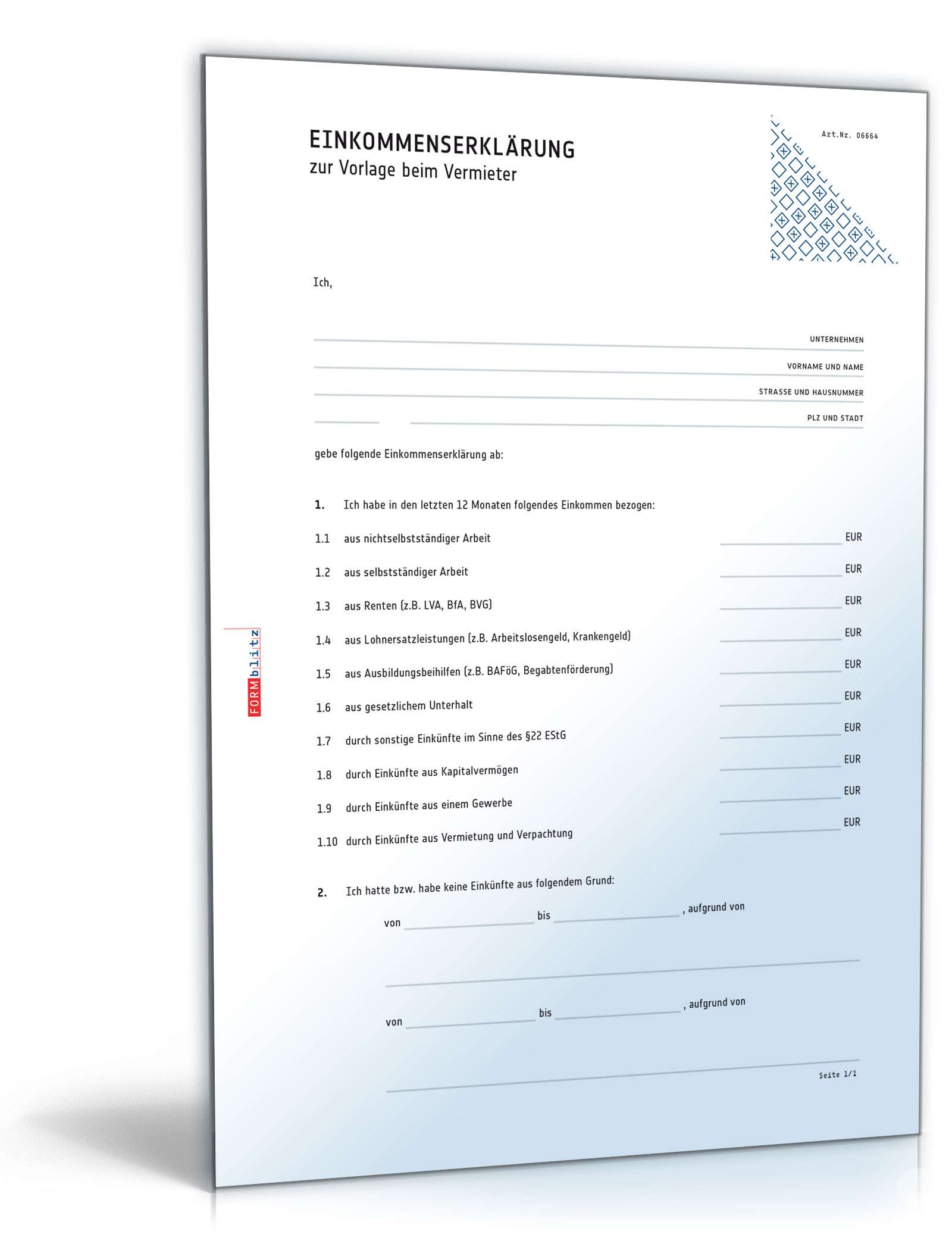 Einkommenserklärung zur Vorlage beim Vermieter PDF