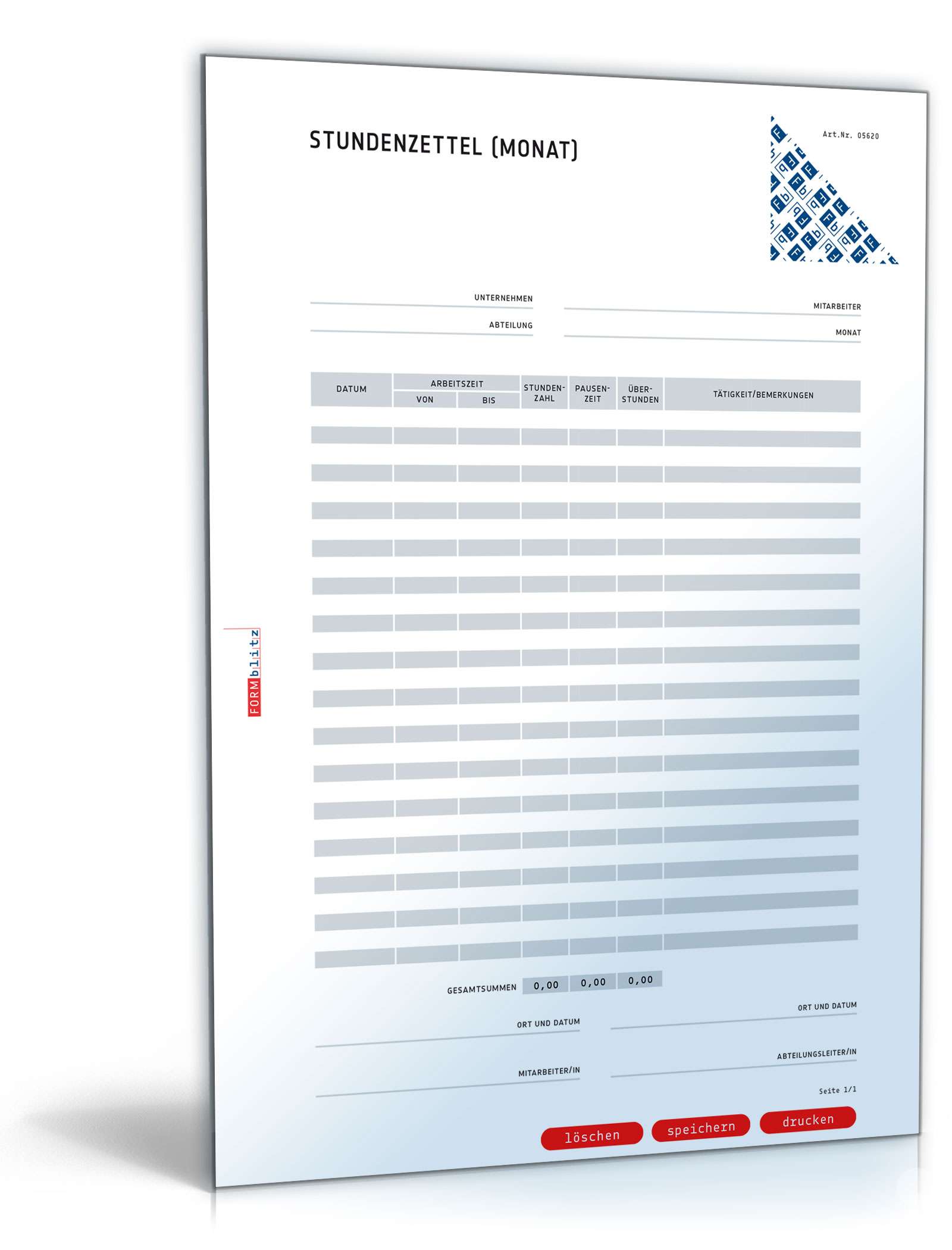 Stundenzettel als Monatsübersicht PDF