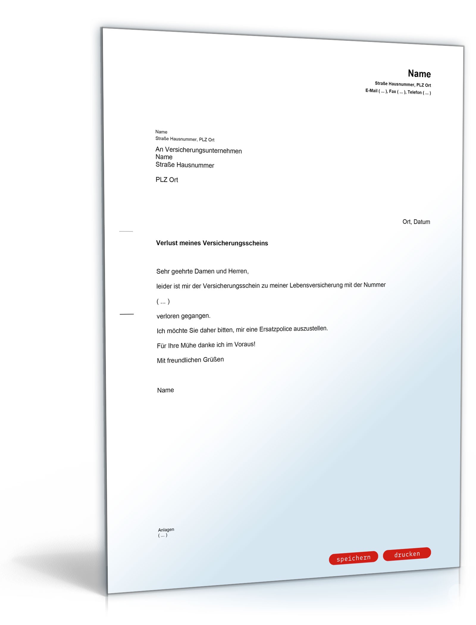 Bitte auf Ausstellung einer Ersatzpolice für die Lebensversicherung PDF