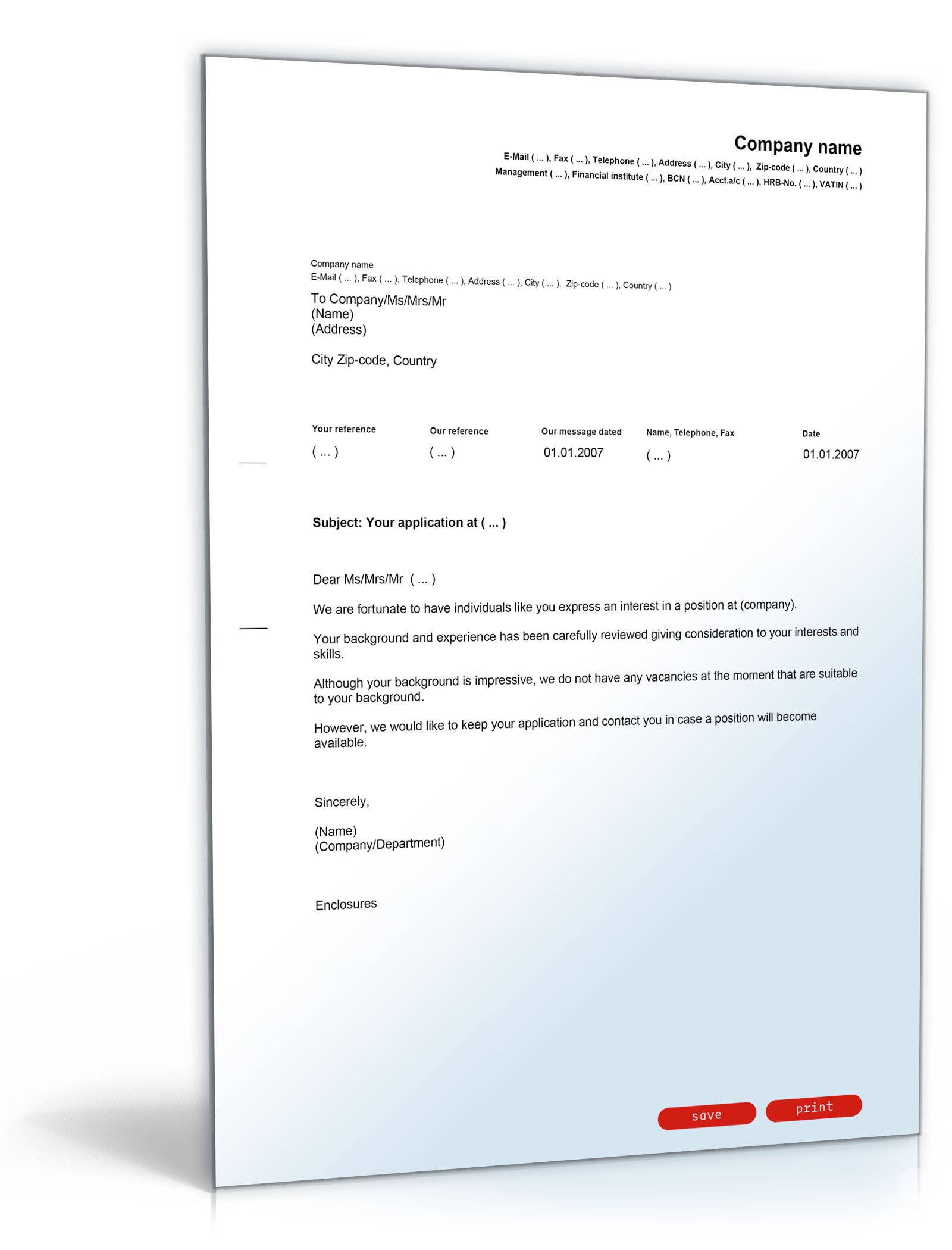 Absage einer Initiativbewerbung (Englisch/Deutsch) PDF