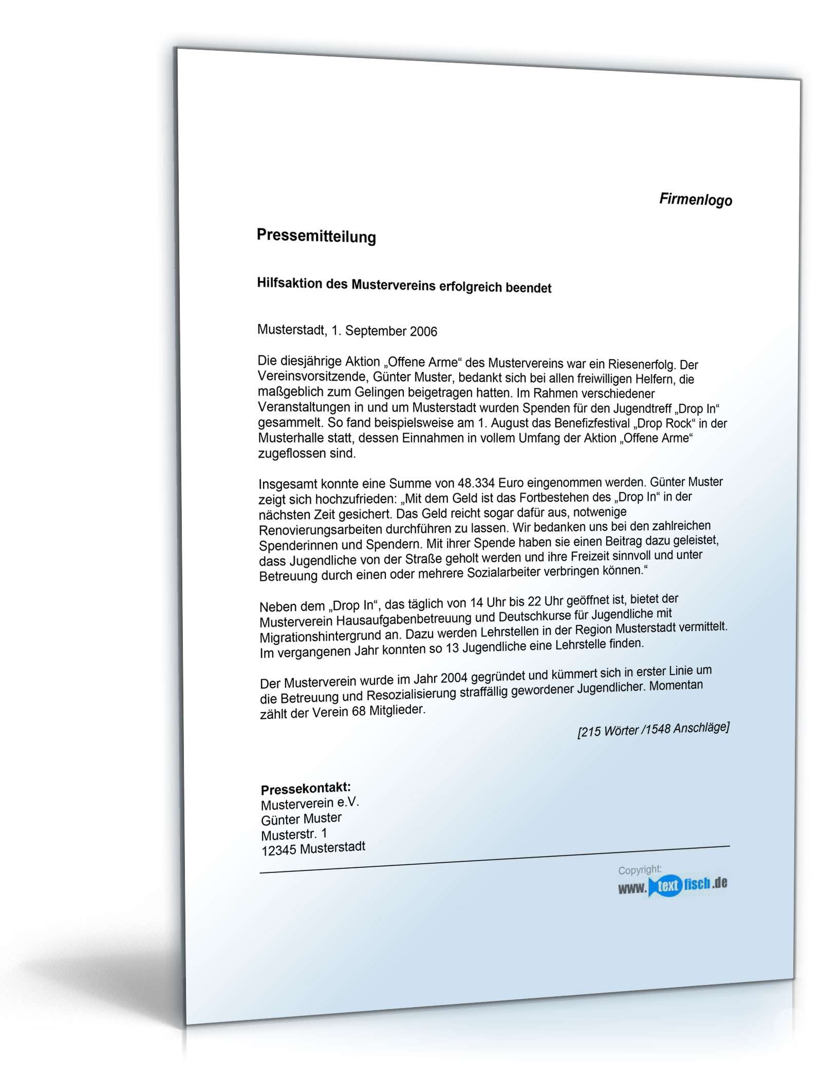 Pressemitteilung Ergebnisbericht einer Hilfsaktion (Verein)