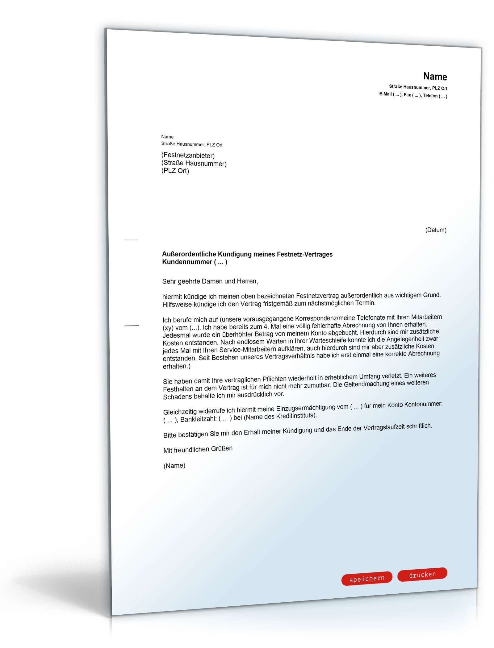 Außerordentliche Kündigung eines Festnetz-Vertrages PDF