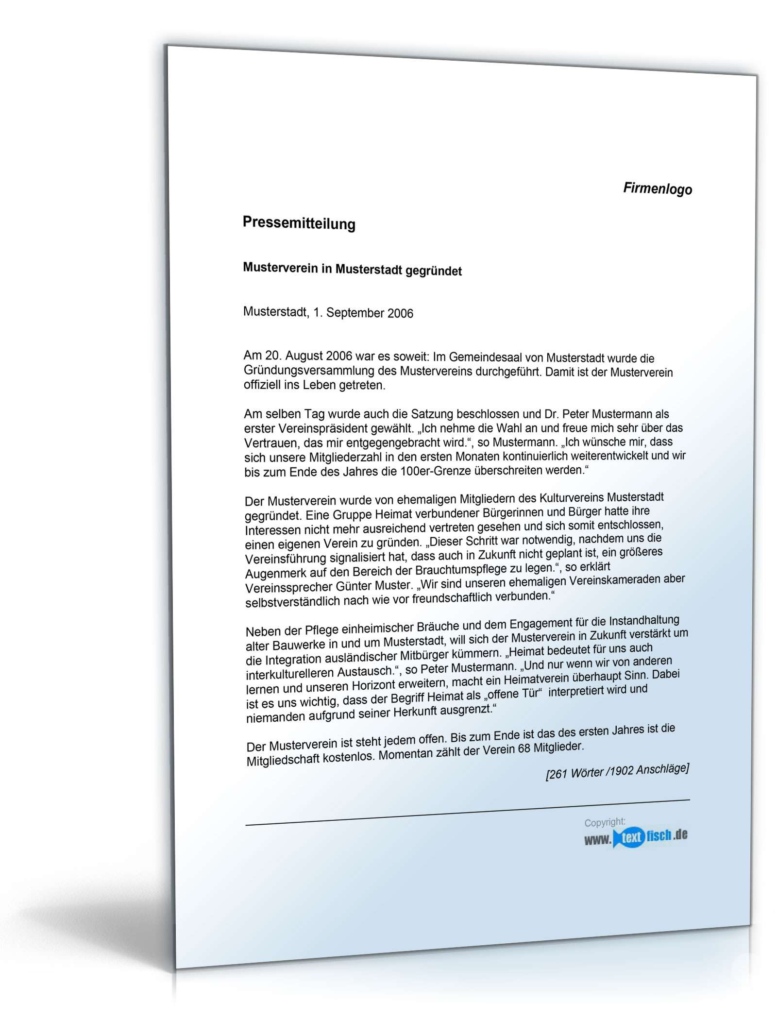 Pressemitteilung Bekanntgabe einer Vereinsgründung (Heimatverein)