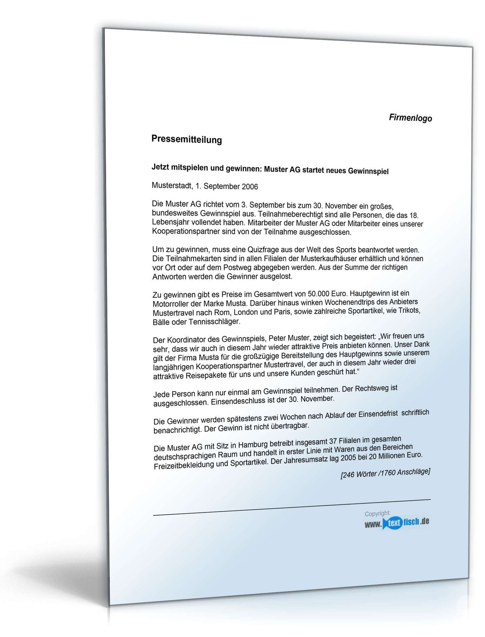 Pressemitteilung über Gewinnspiel (Unternehmen)