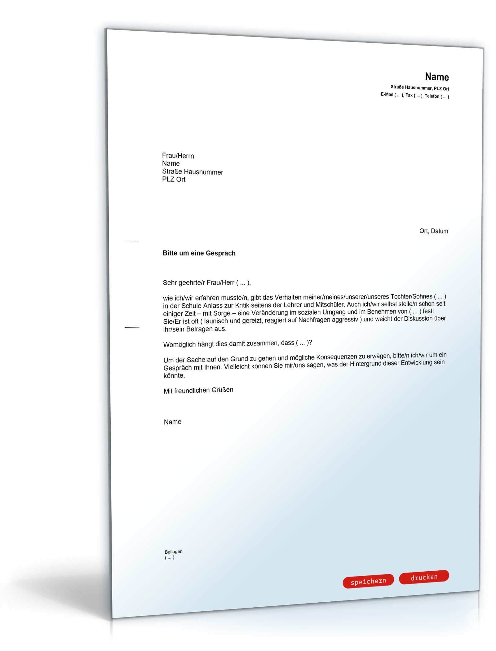 Bitte um ein Lehrer-Eltern-Gespräch PDF