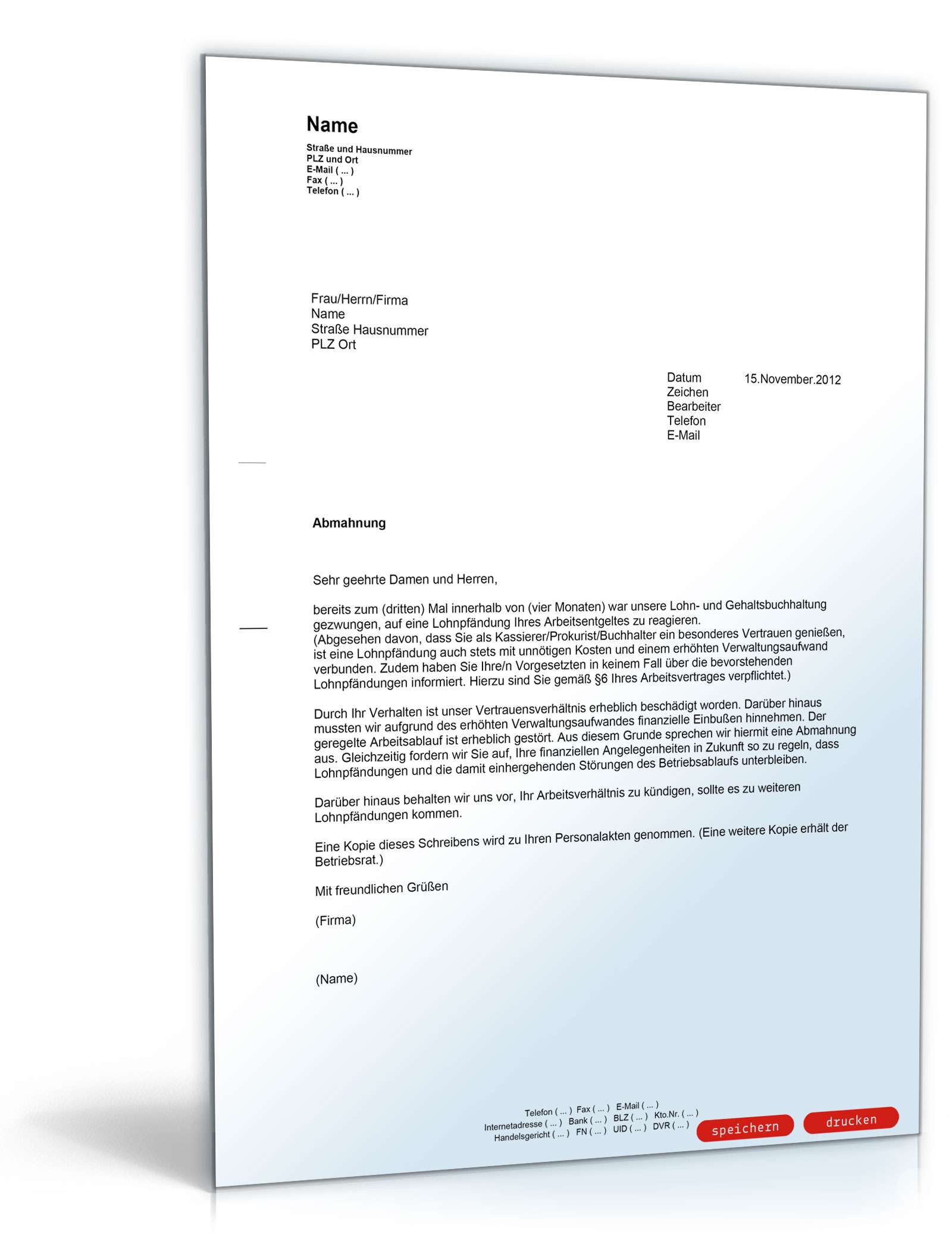 Abmahnung wegen wiederholter Lohnpfändungen PDF