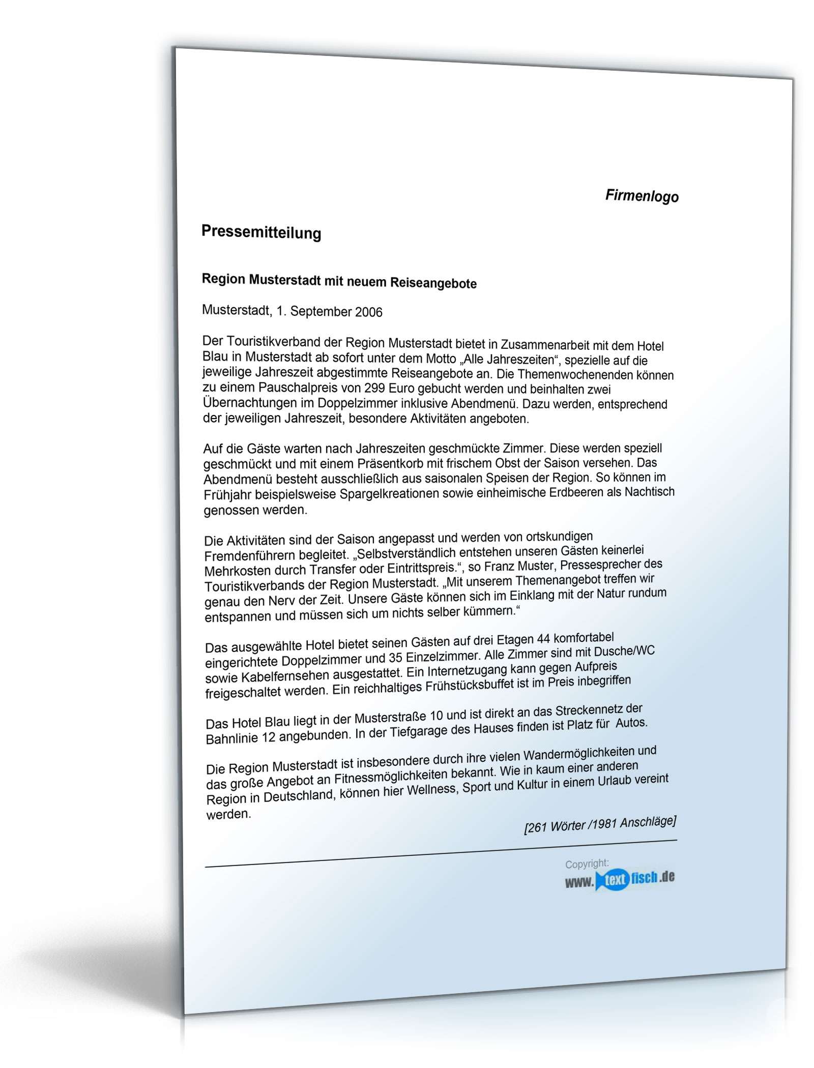 Pressemitteilung über neues Reiseangebot (Region)