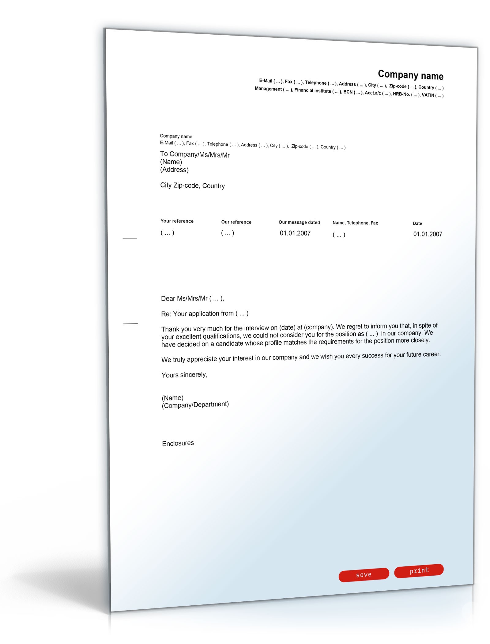 Absage nach Vorstellungsgespräch (Englisch/Deutsch) PDF