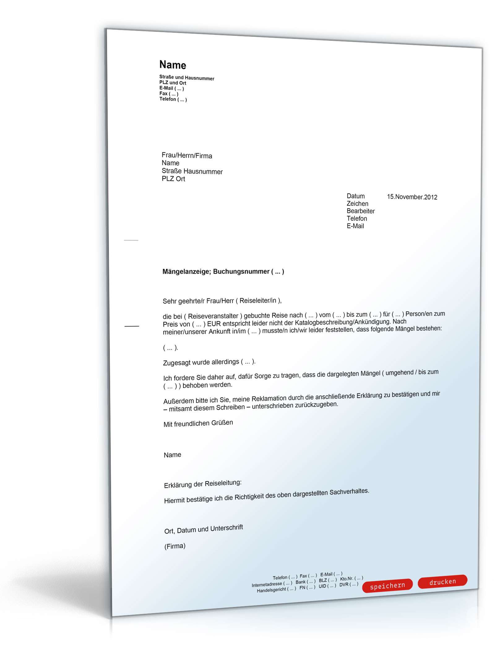 Mängelanzeige bei einer Reiseleitung mit Bestätigung / Abhilfeverlangen PDF