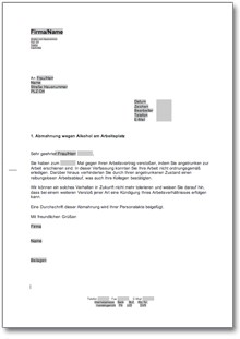Abmahnung wegen Alkohol am Arbeitsplatz Word