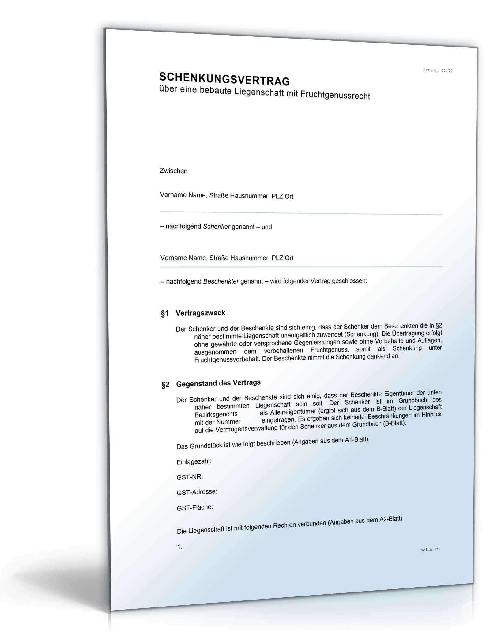 Schenkungsvertrag über eine bebaute Liegenschaft mit Fruchtgenuss Word. Seite: 2