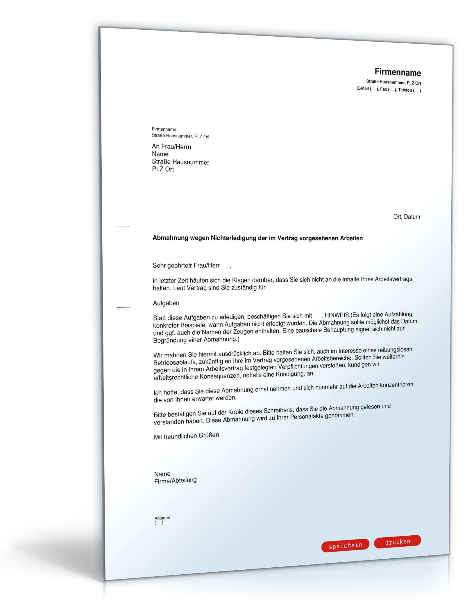 Abmahnung wegen Nichterledigung von Aufgaben PDF