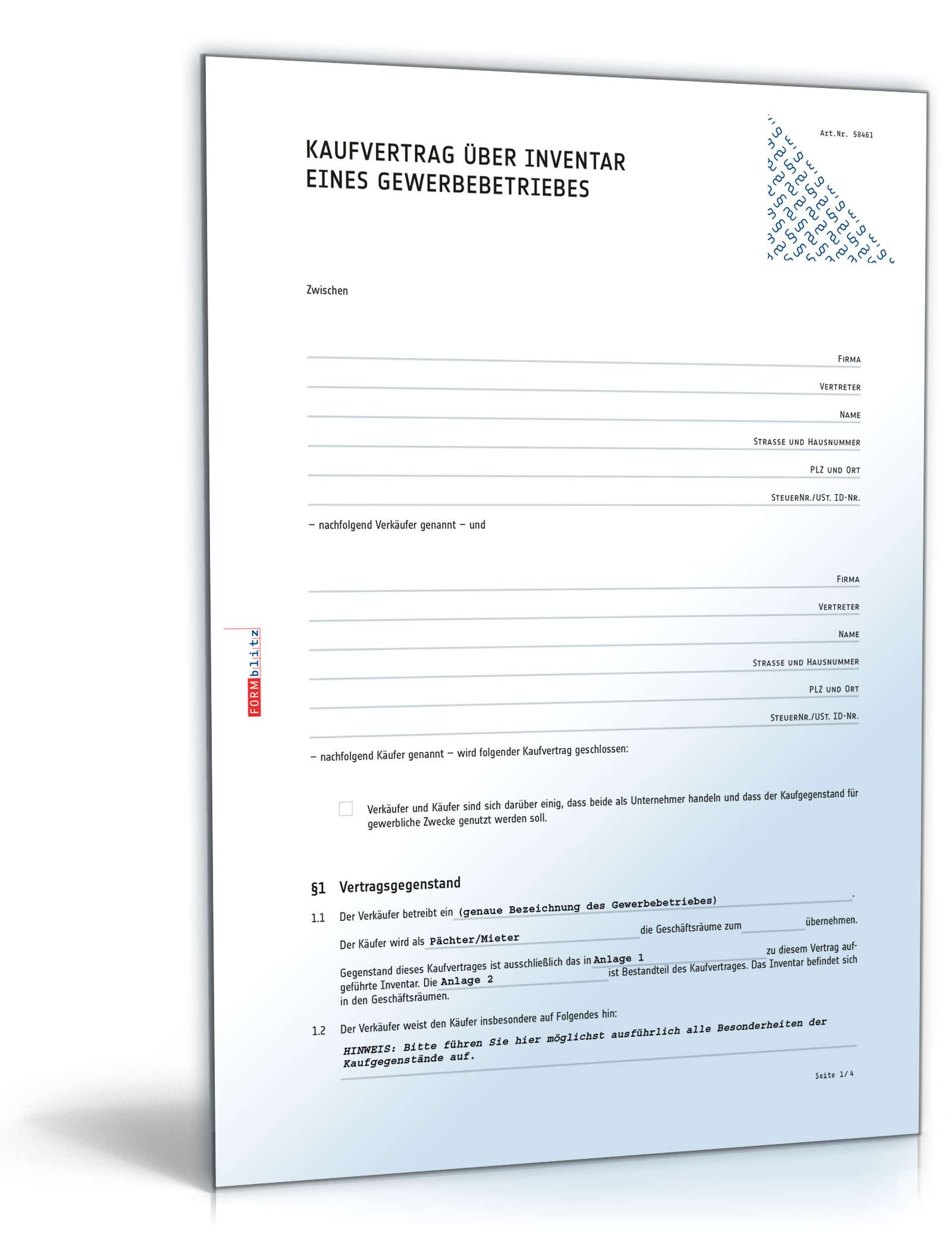 Kaufvertrag über Inventar eines Gewerbebetriebes PDF