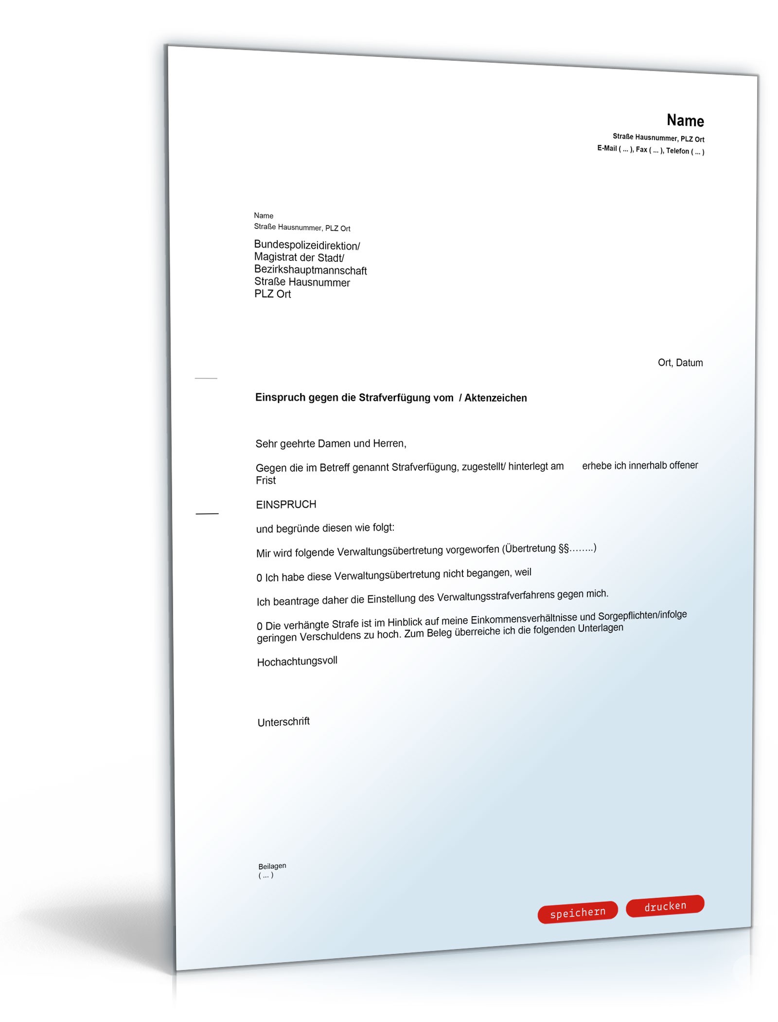 Einspruch gegen eine Strafverfügung PDF